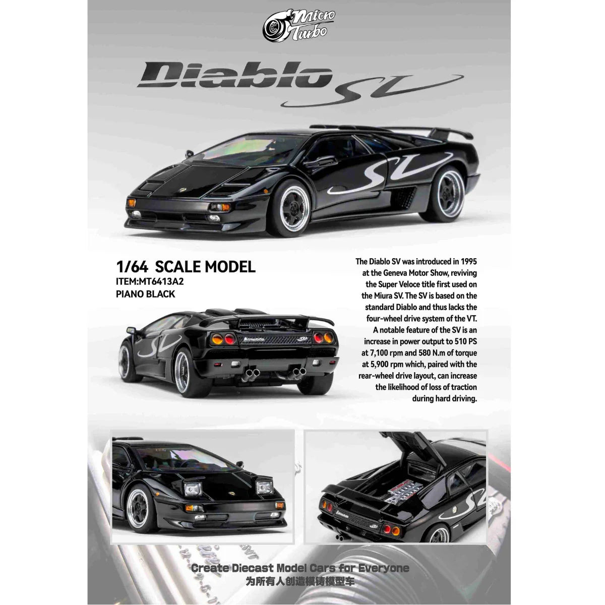 *PRE-ORDER* Custom Lamborghini Diablo SV, 1:64 Scale (Metallic Black)