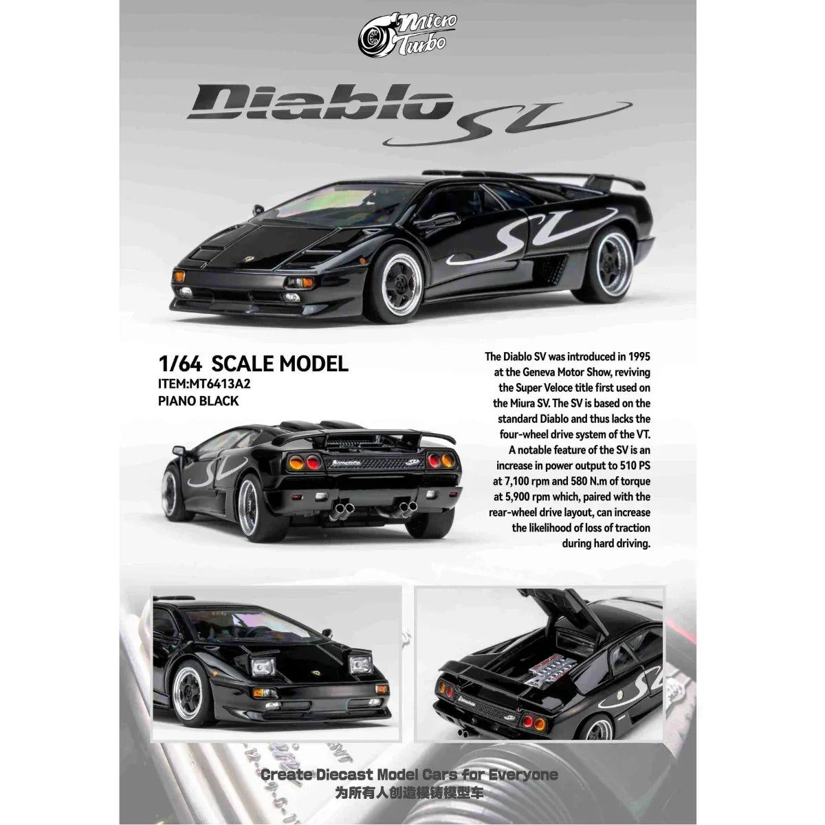 Premium scale diecast model car – *PRE-ORDER* Custom Lamborghini Diablo SV, 1:64 Scale (Metallic Black) Collectible