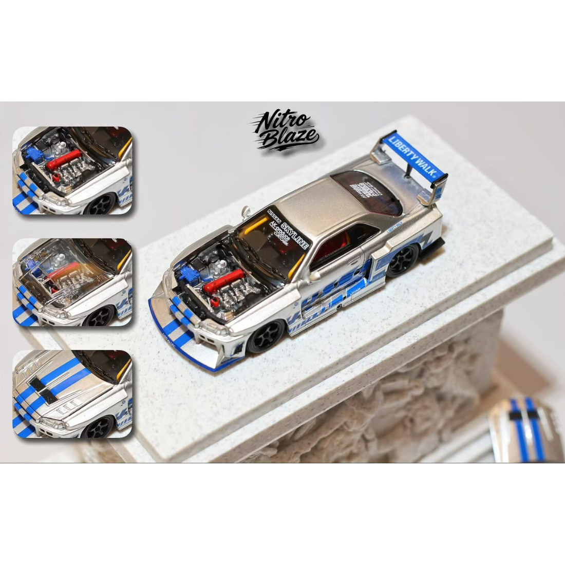 *PRE-ORDER* Skyline ER34, LB-Super Silhourte Wide Body (Removable Hood & 1 Transparent Hood Included) Silver Swirl, 1:64 Scale
