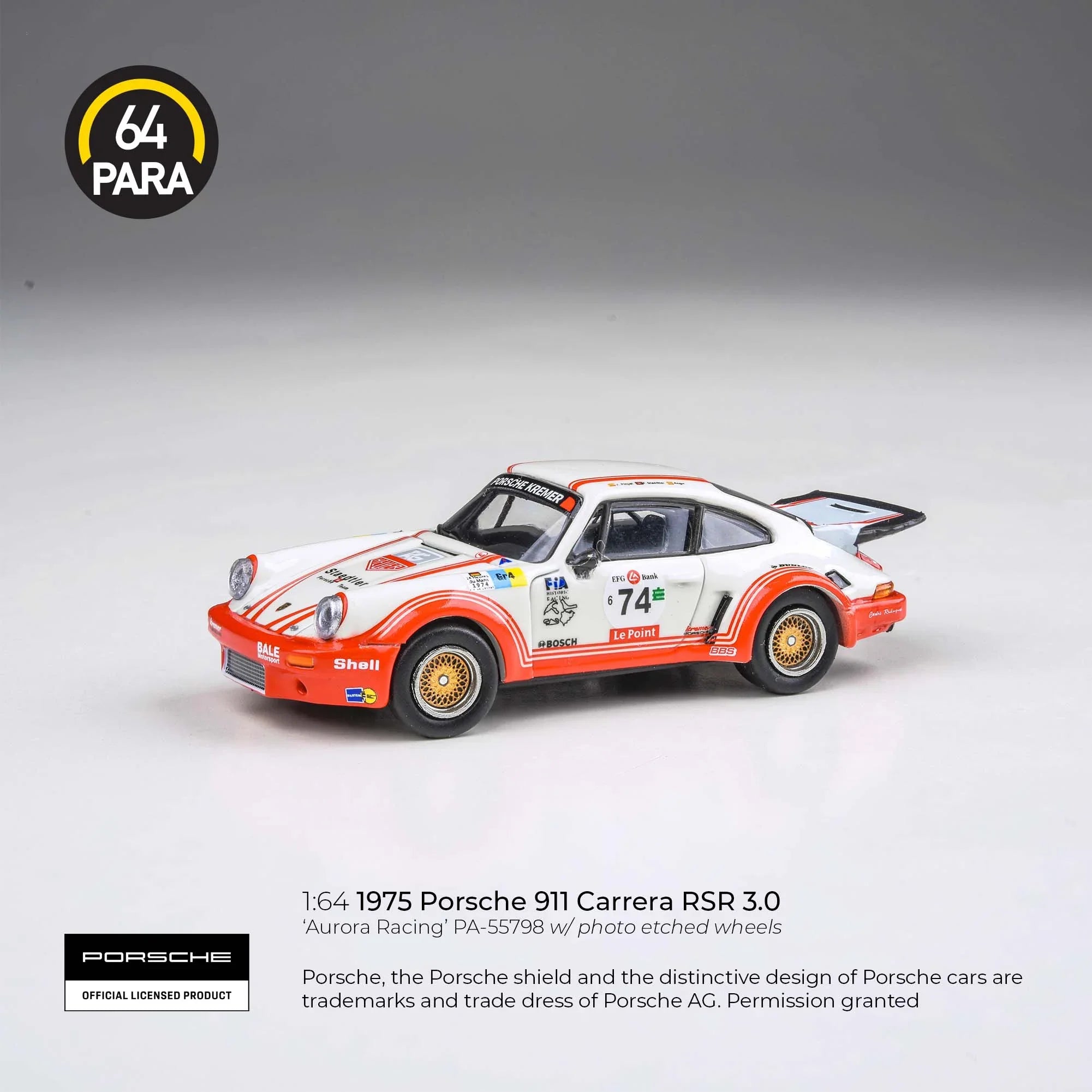 Premium scale diecast model car – Porsche 911 Carrera RSR 3.0 Aurora Racing, 1:64 Scale (White) Collectible