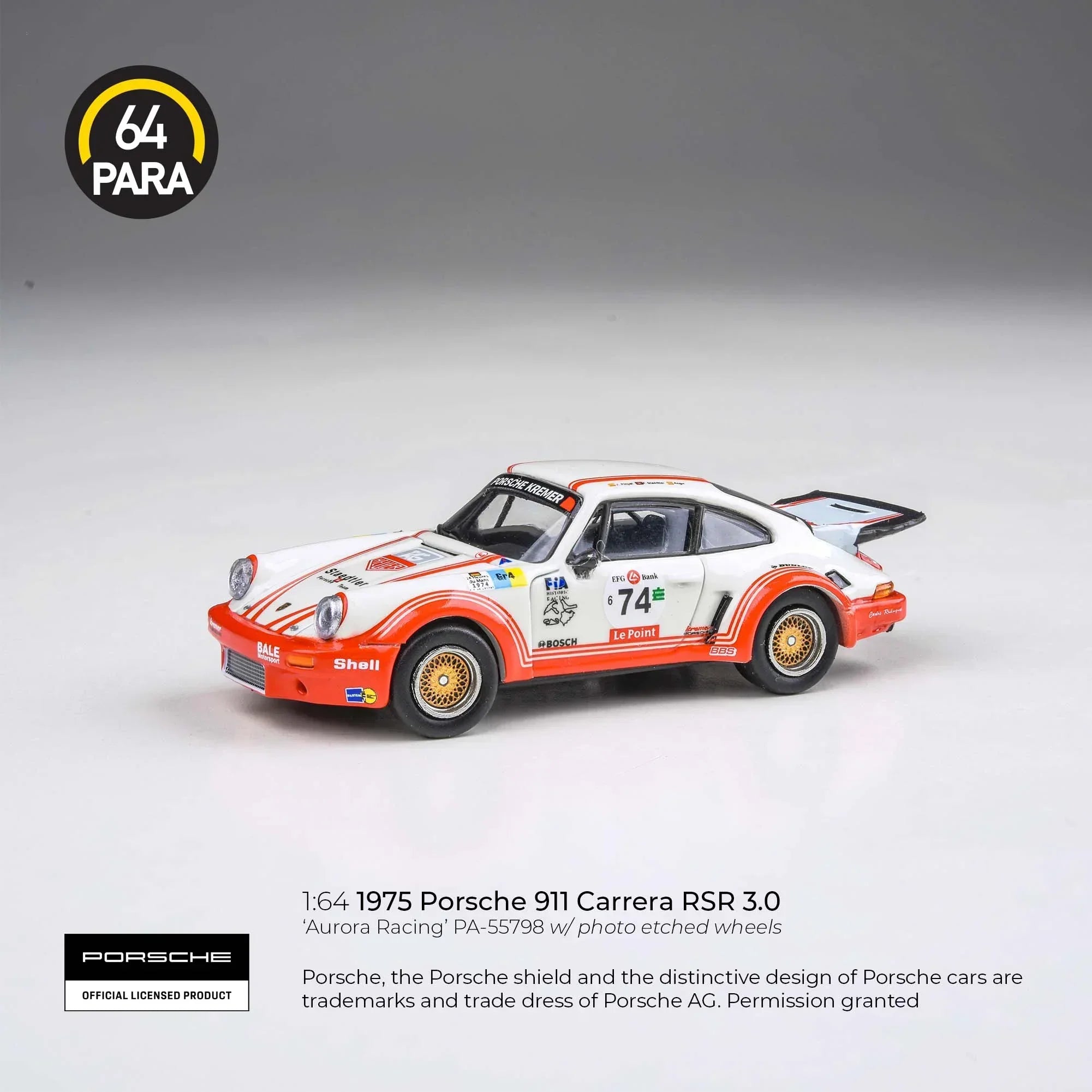 Premium scale diecast model car – Porsche 911 Carrera RSR 3.0 Aurora Racing, 1:64 Scale (White) Collectible