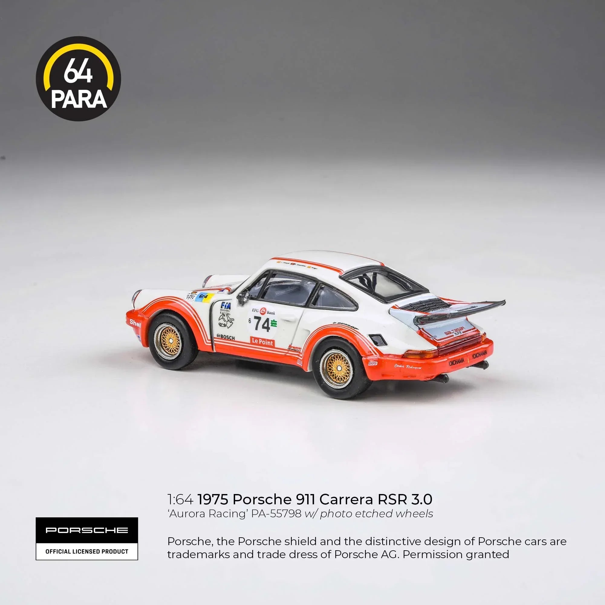 Premium scale diecast model car – Porsche 911 Carrera RSR 3.0 Aurora Racing, 1:64 Scale (White) Collectible