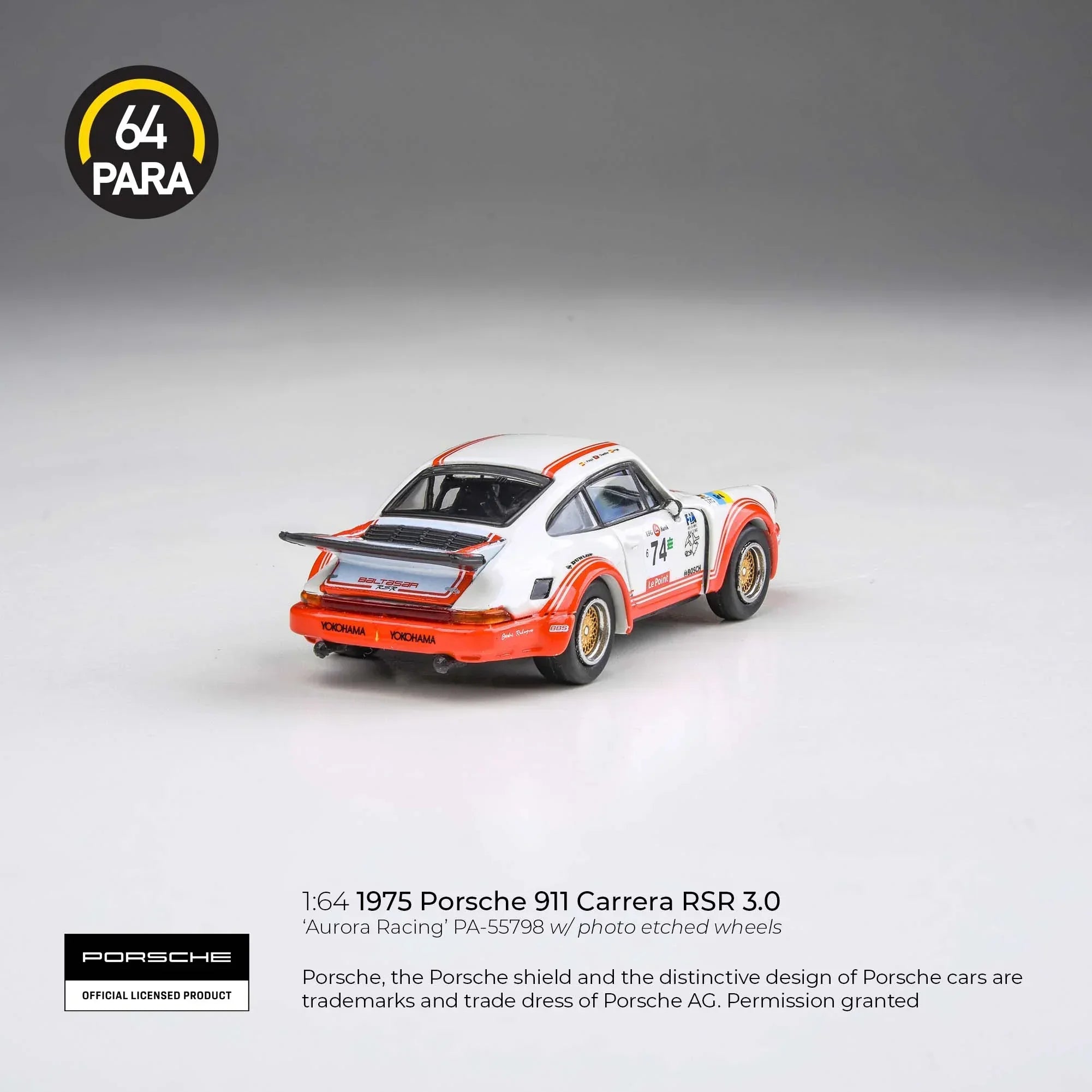 Premium scale diecast model car – Porsche 911 Carrera RSR 3.0 Aurora Racing, 1:64 Scale (White) Collectible