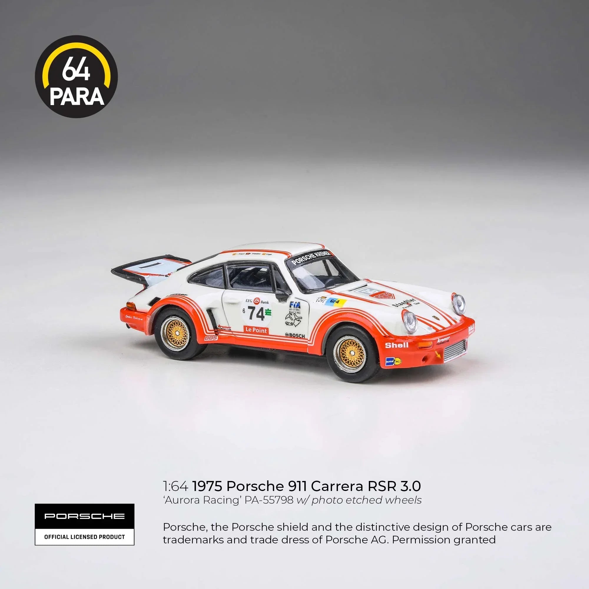 Premium scale diecast model car – Porsche 911 Carrera RSR 3.0 Aurora Racing, 1:64 Scale (White) Collectible