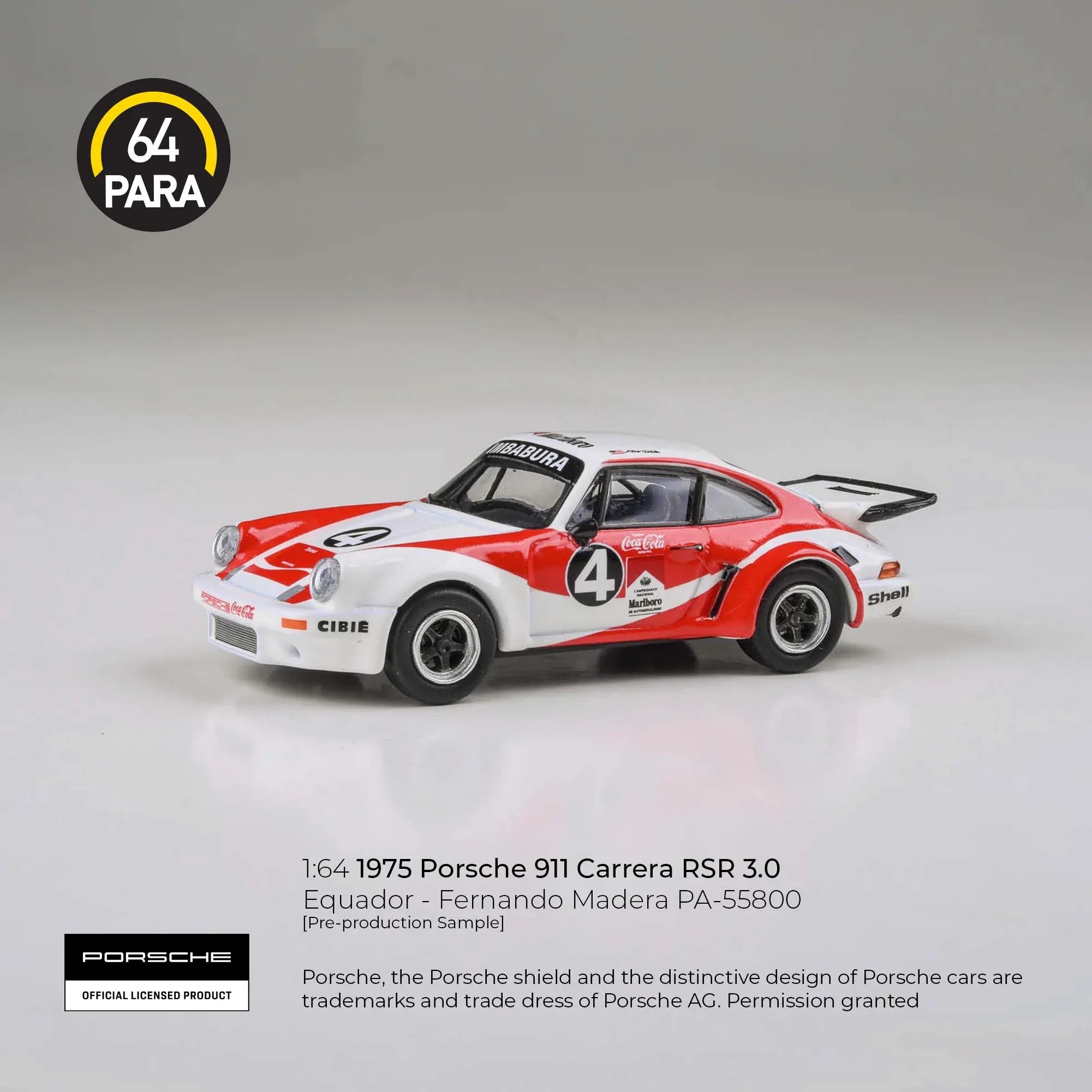 Premium scale diecast model car – Porsche 911 Carrera RSR 3.0 Equador - Fernando Madera 1976, 1:64 Scale (White & Red) Collectible
