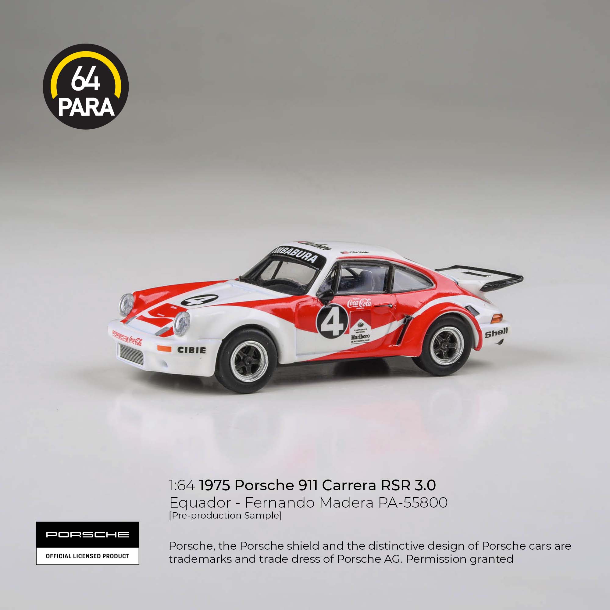 Premium scale diecast model car – Porsche 911 Carrera RSR 3.0 Equador - Fernando Madera 1976, 1:64 Scale (White & Red) Collectible