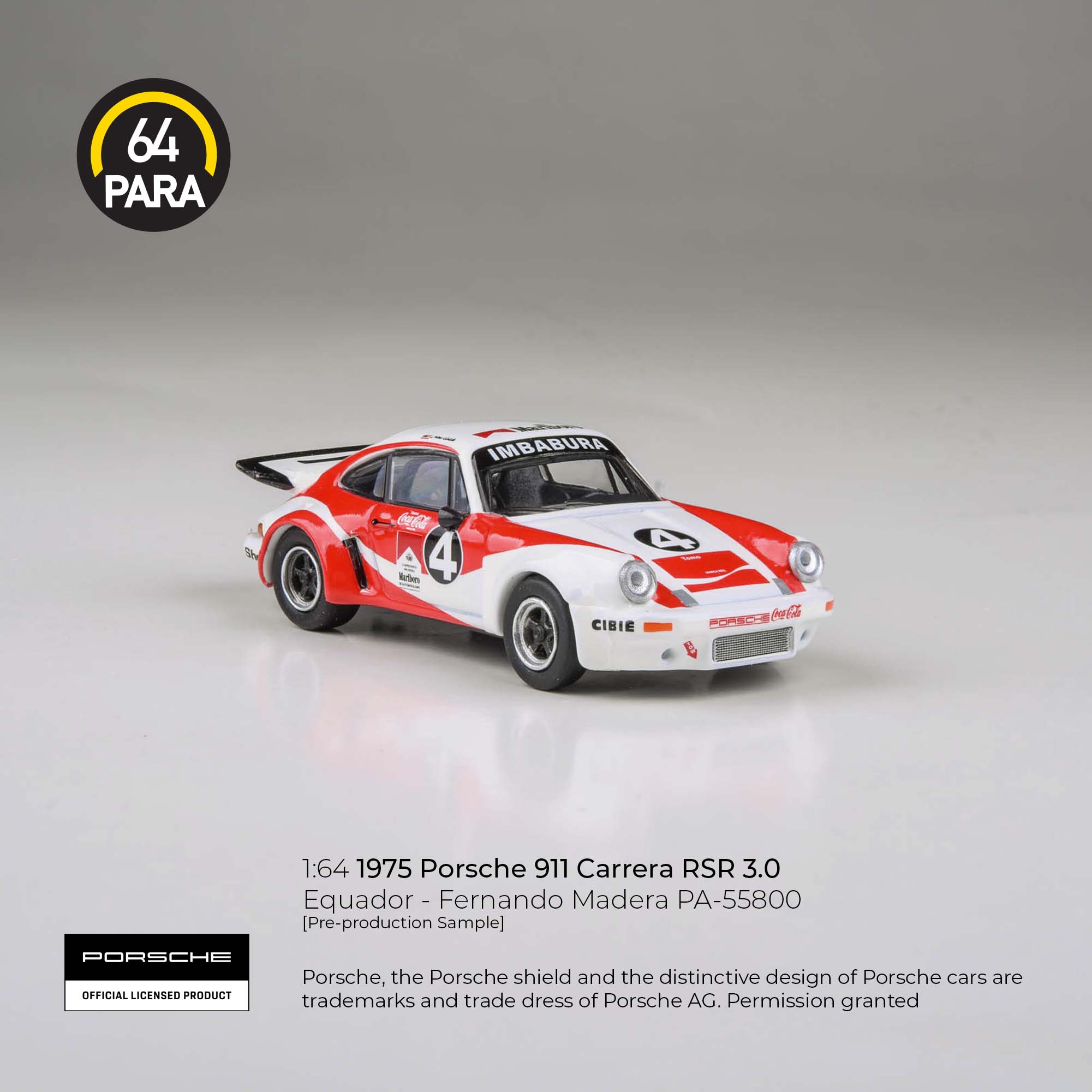 Premium scale diecast model car – Porsche 911 Carrera RSR 3.0 Equador - Fernando Madera 1976, 1:64 Scale (White & Red) Collectible