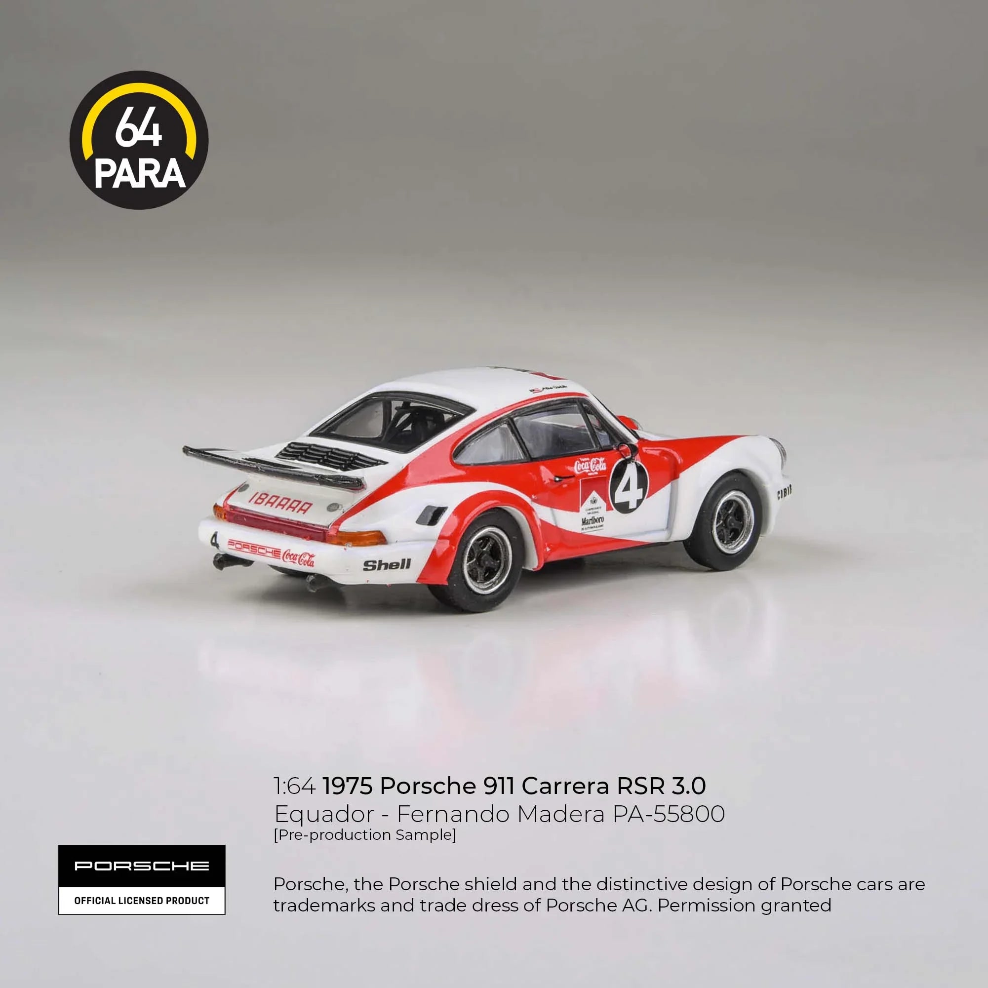 Premium scale diecast model car – Porsche 911 Carrera RSR 3.0 Equador - Fernando Madera 1976, 1:64 Scale (White & Red) Collectible