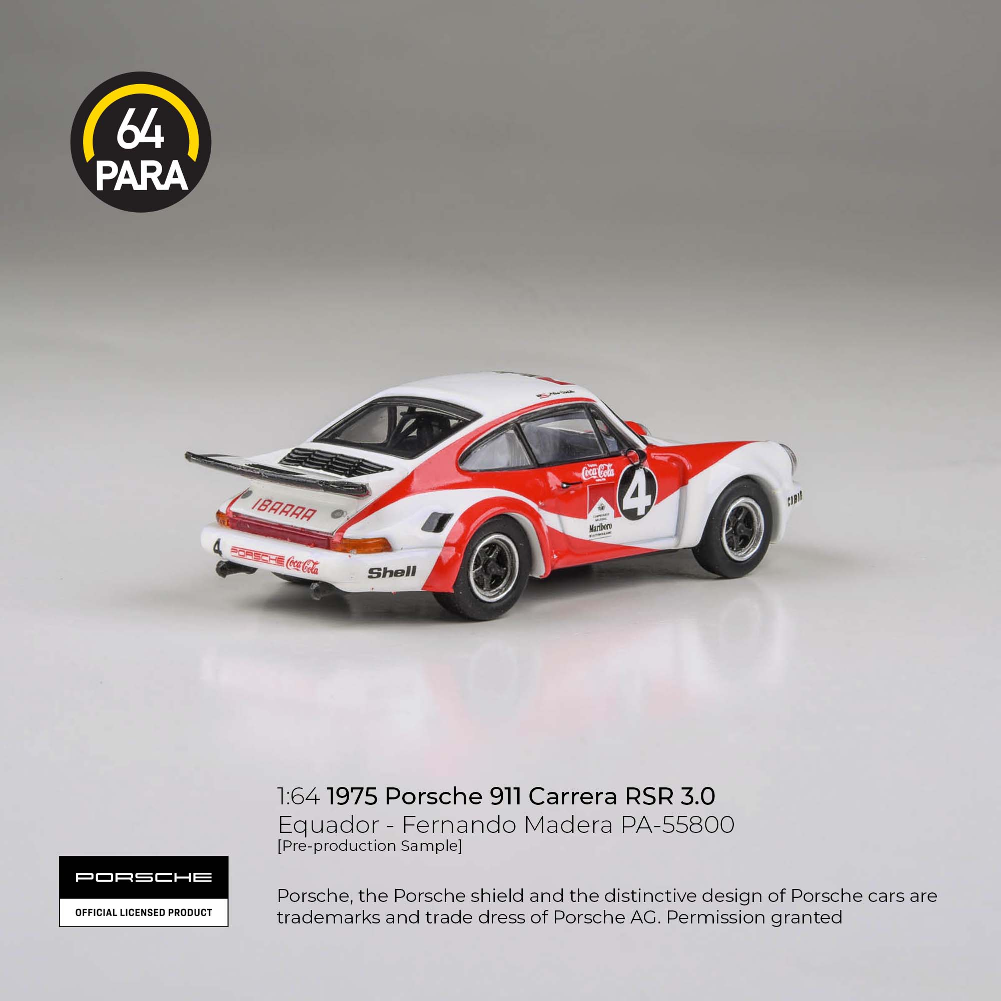 Premium scale diecast model car – Porsche 911 Carrera RSR 3.0 Equador - Fernando Madera 1976, 1:64 Scale (White & Red) Collectible