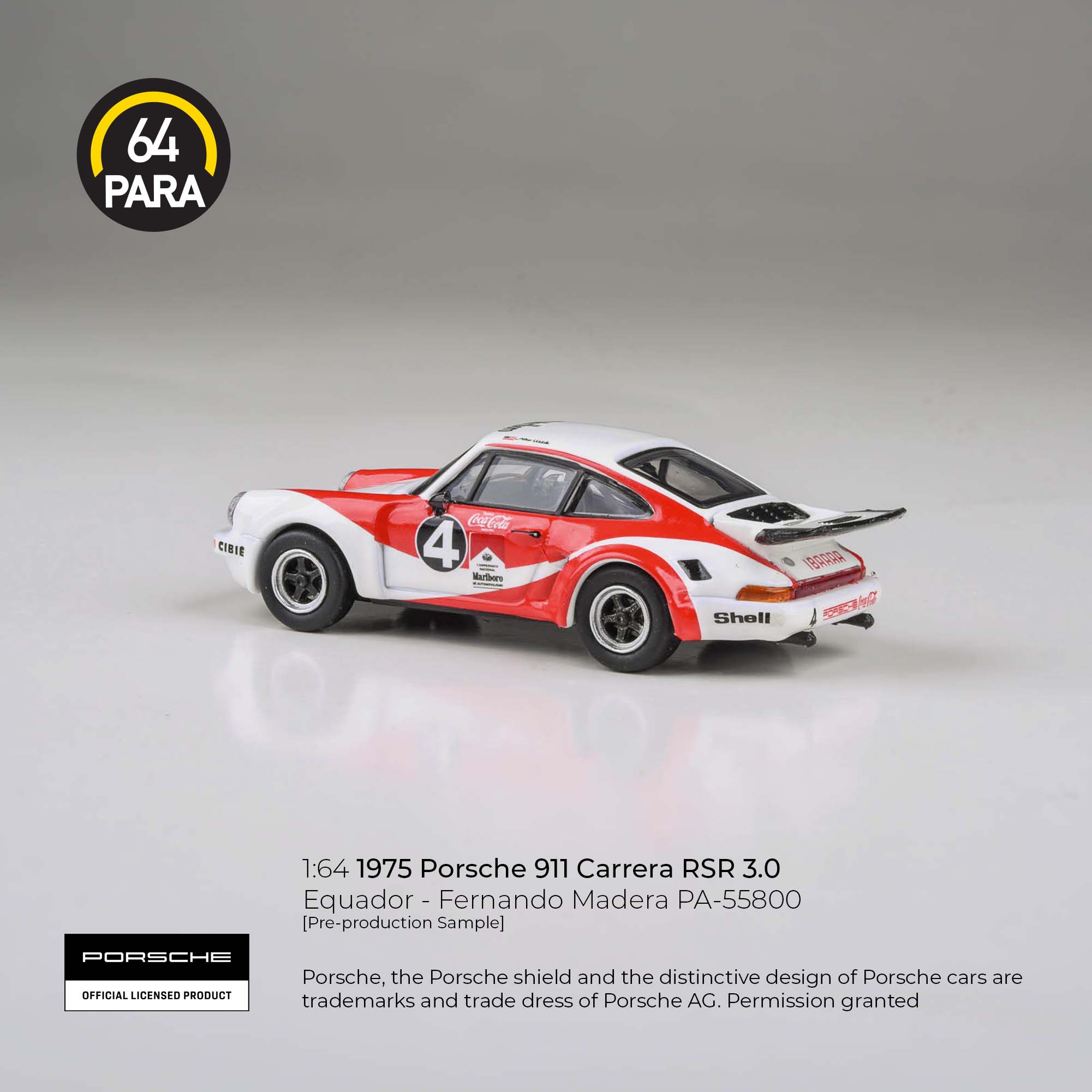 Premium scale diecast model car – Porsche 911 Carrera RSR 3.0 Equador - Fernando Madera 1976, 1:64 Scale (White & Red) Collectible