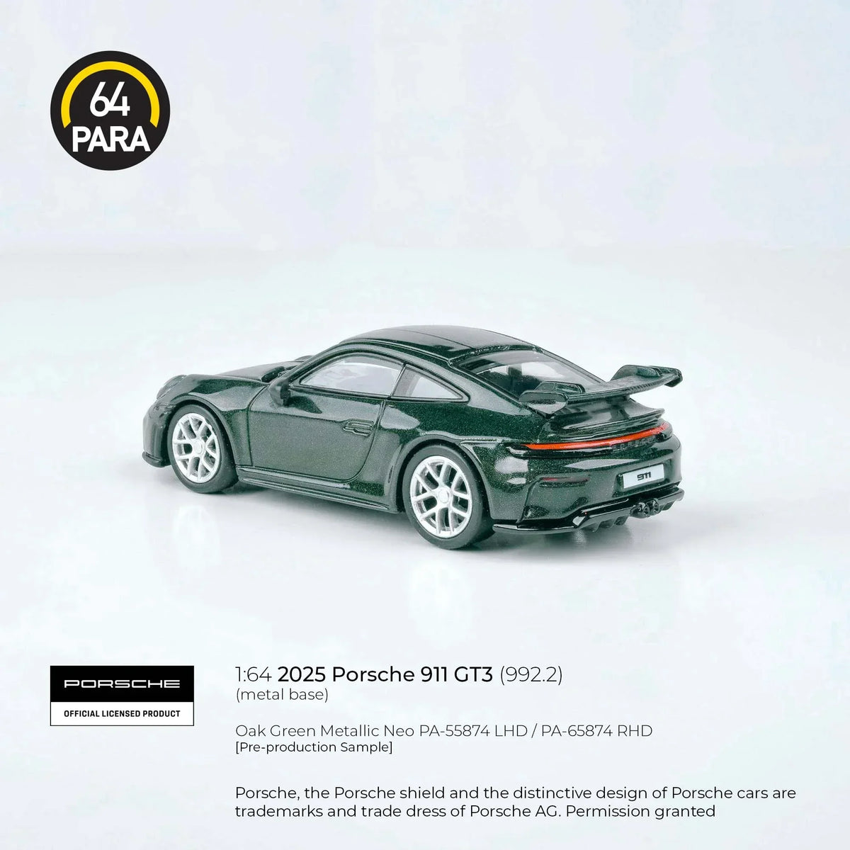 Premium scale diecast model car – Porsche 911 GT3 (992.2) 2025, 1:64 Scale (Green) Collectible