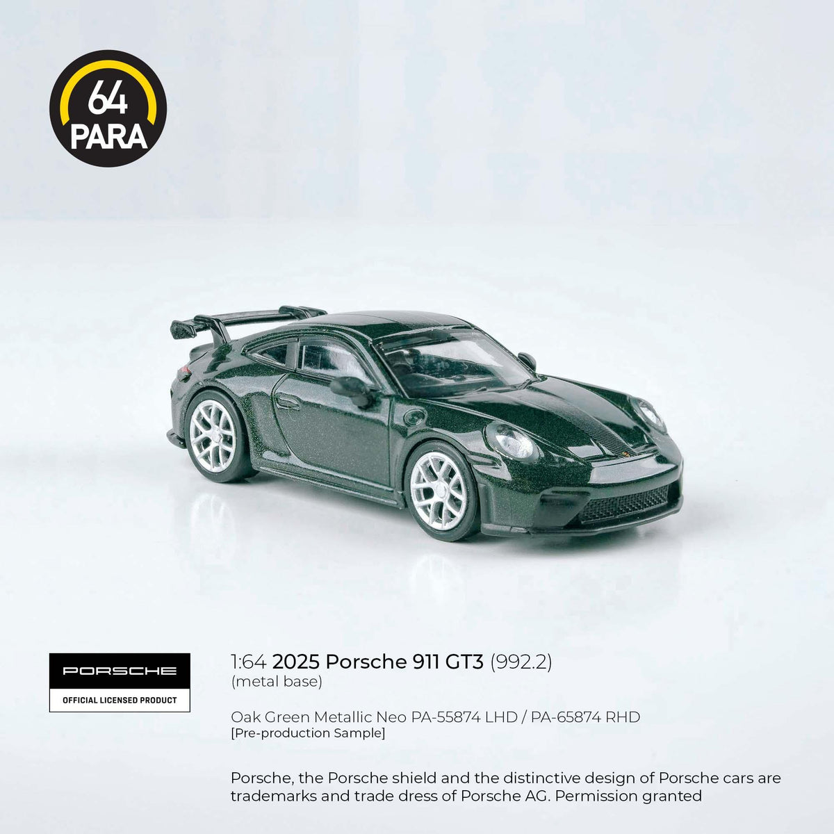 Premium scale diecast model car – Porsche 911 GT3 (992.2) 2025, 1:64 Scale (Green) Collectible