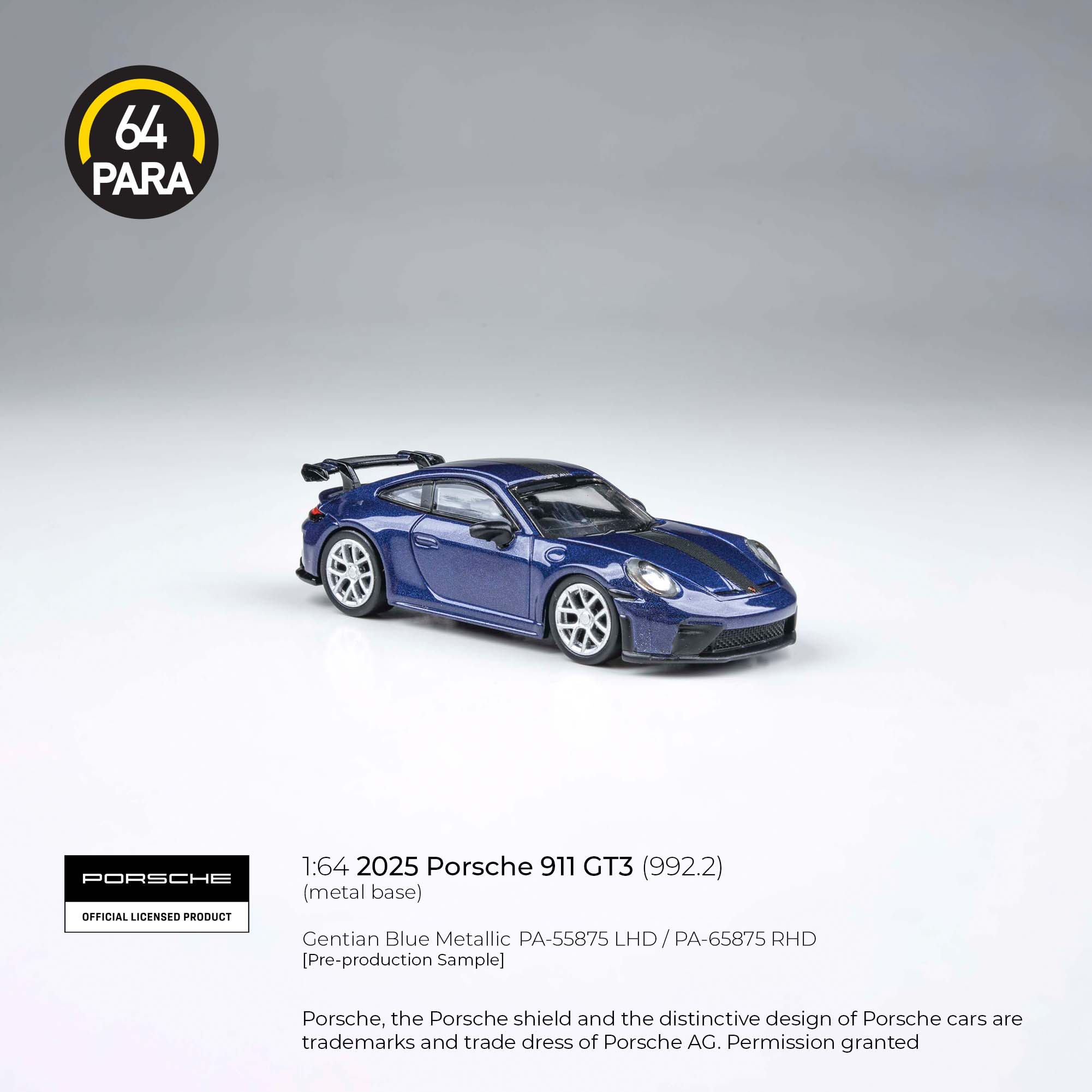 Premium scale diecast model car – Porsche 911 GT3 (992.2) 2025, 1:64 Scale (Blue) Collectible
