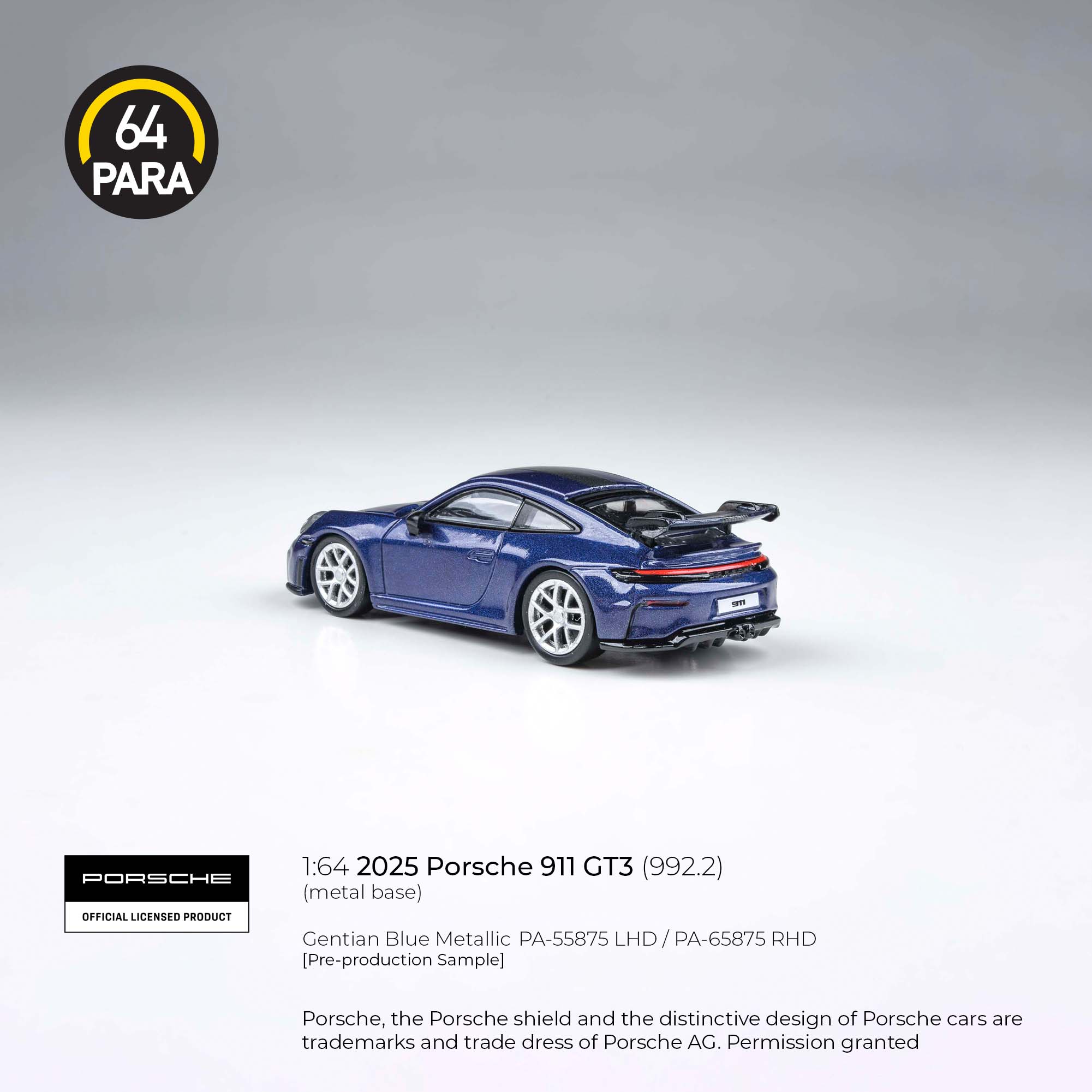 Premium scale diecast model car – Porsche 911 GT3 (992.2) 2025, 1:64 Scale (Blue) Collectible