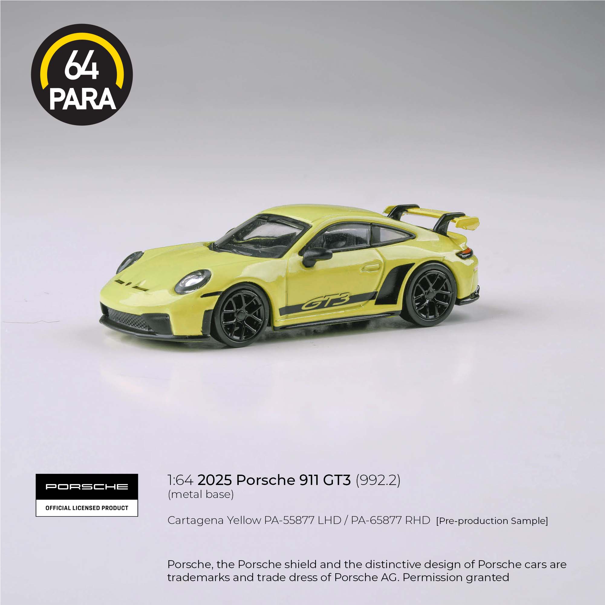 Premium scale diecast model car – *PRE-ORDER* Porsche 911 GT3 992.2 Cartagena 2025, 1:64 Scale (Yellow) Collectible