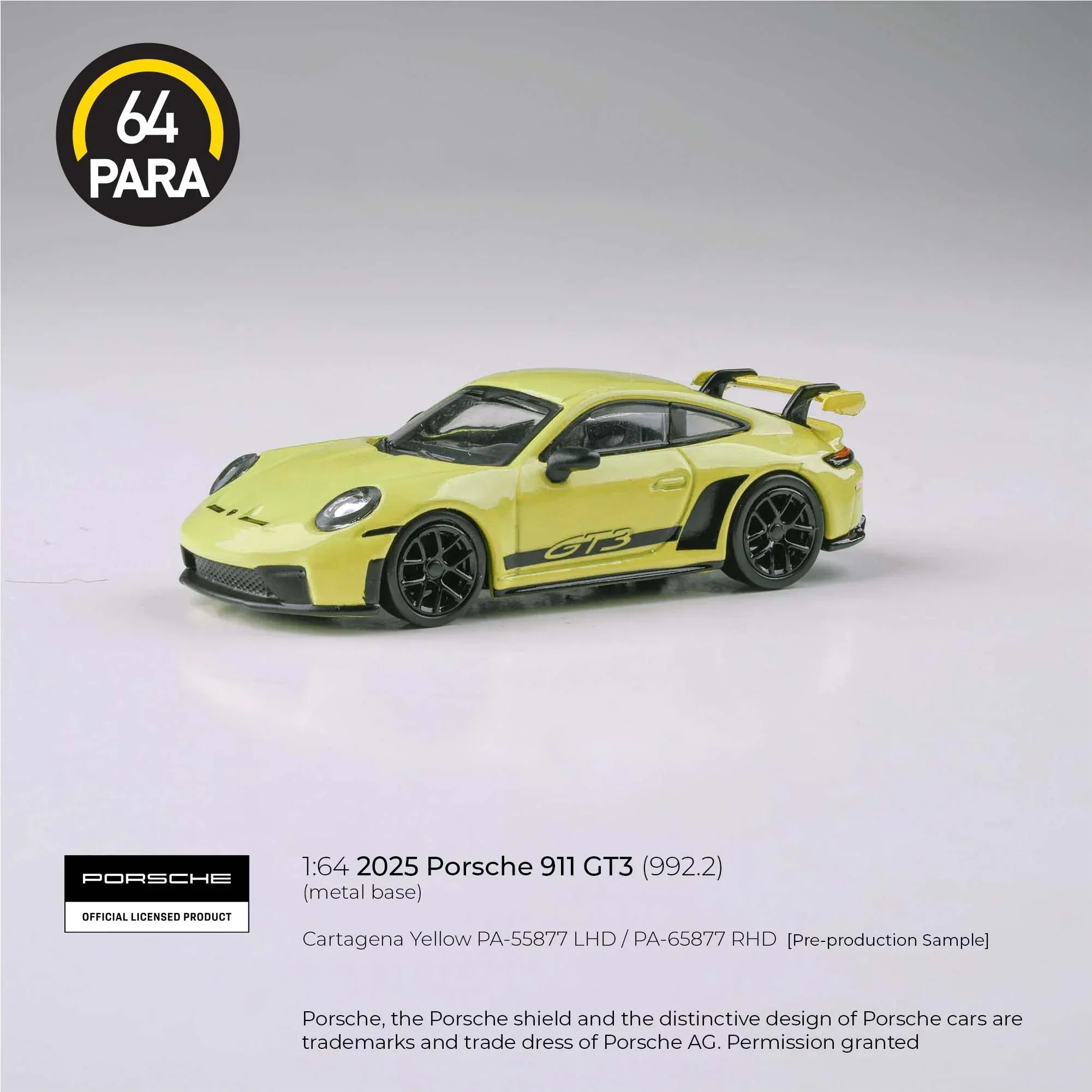 Premium scale diecast model car – *PRE-ORDER* Porsche 911 GT3 992.2 Cartagena 2025, 1:64 Scale (Yellow) Collectible