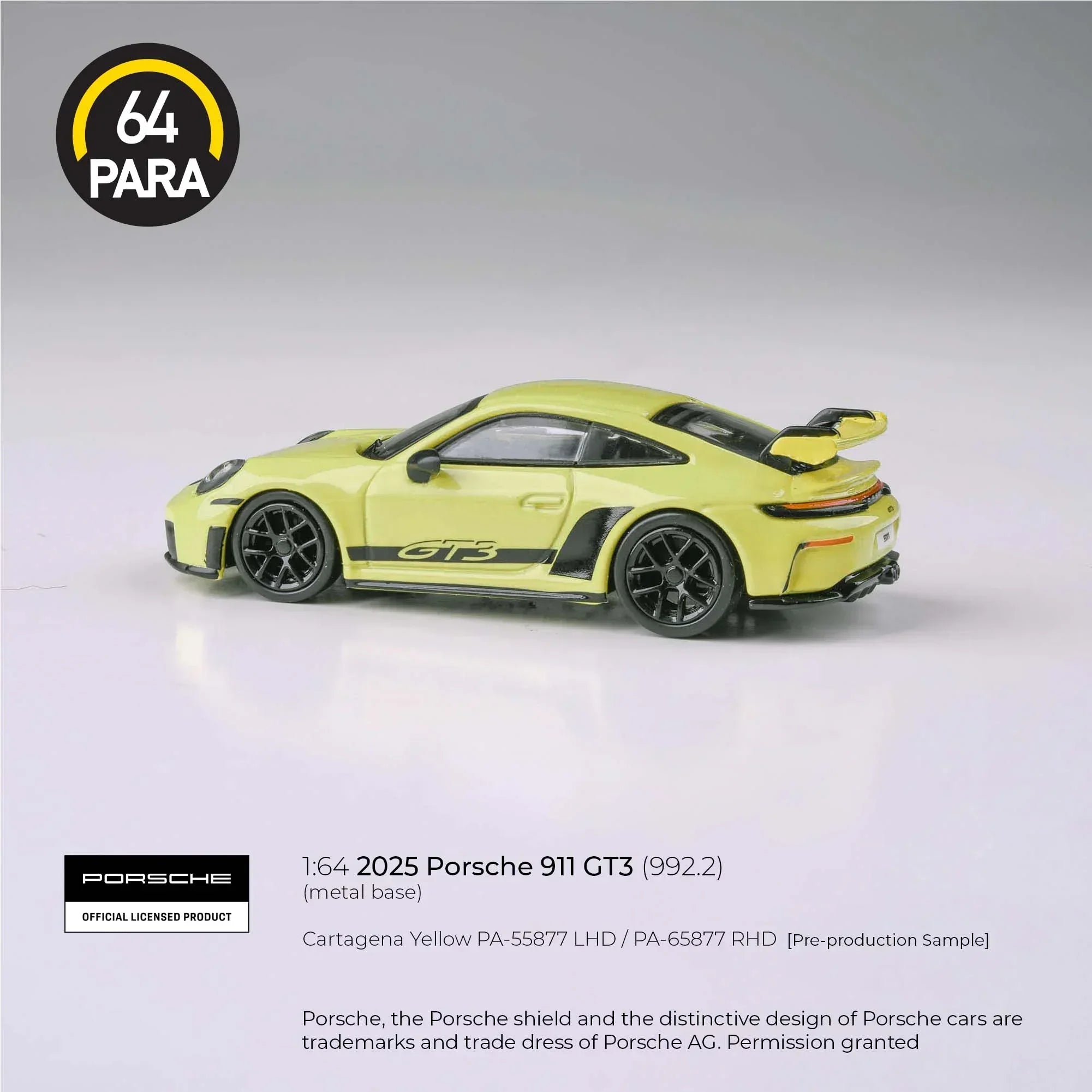 Premium scale diecast model car – *PRE-ORDER* Porsche 911 GT3 992.2 Cartagena 2025, 1:64 Scale (Yellow) Collectible