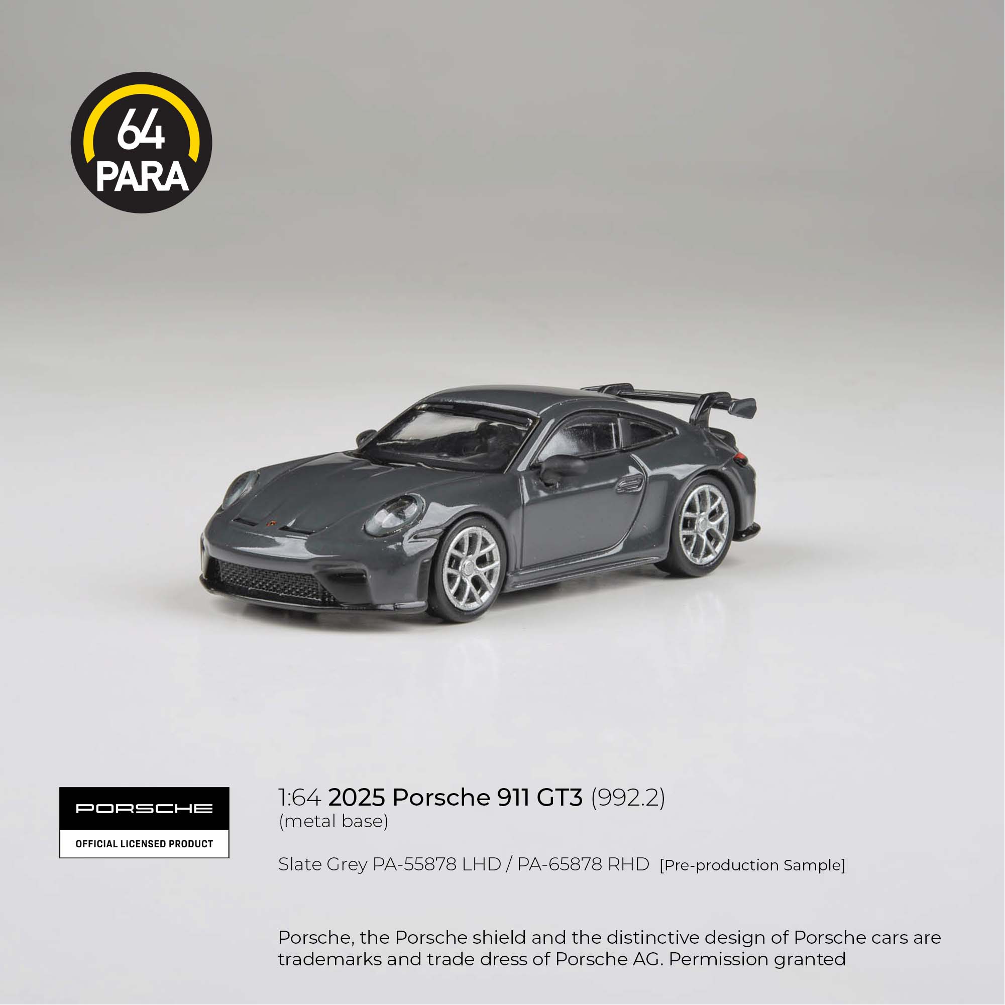Premium scale diecast model car – Porsche 911 GT3 (992.2) 2025, 1:64 Scale (Slate Grey) Collectible