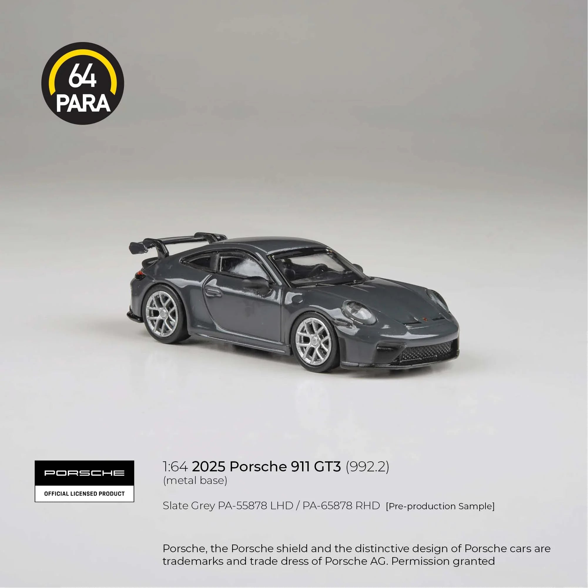 Premium scale diecast model car – Porsche 911 GT3 (992.2) 2025, 1:64 Scale (Slate Grey) Collectible
