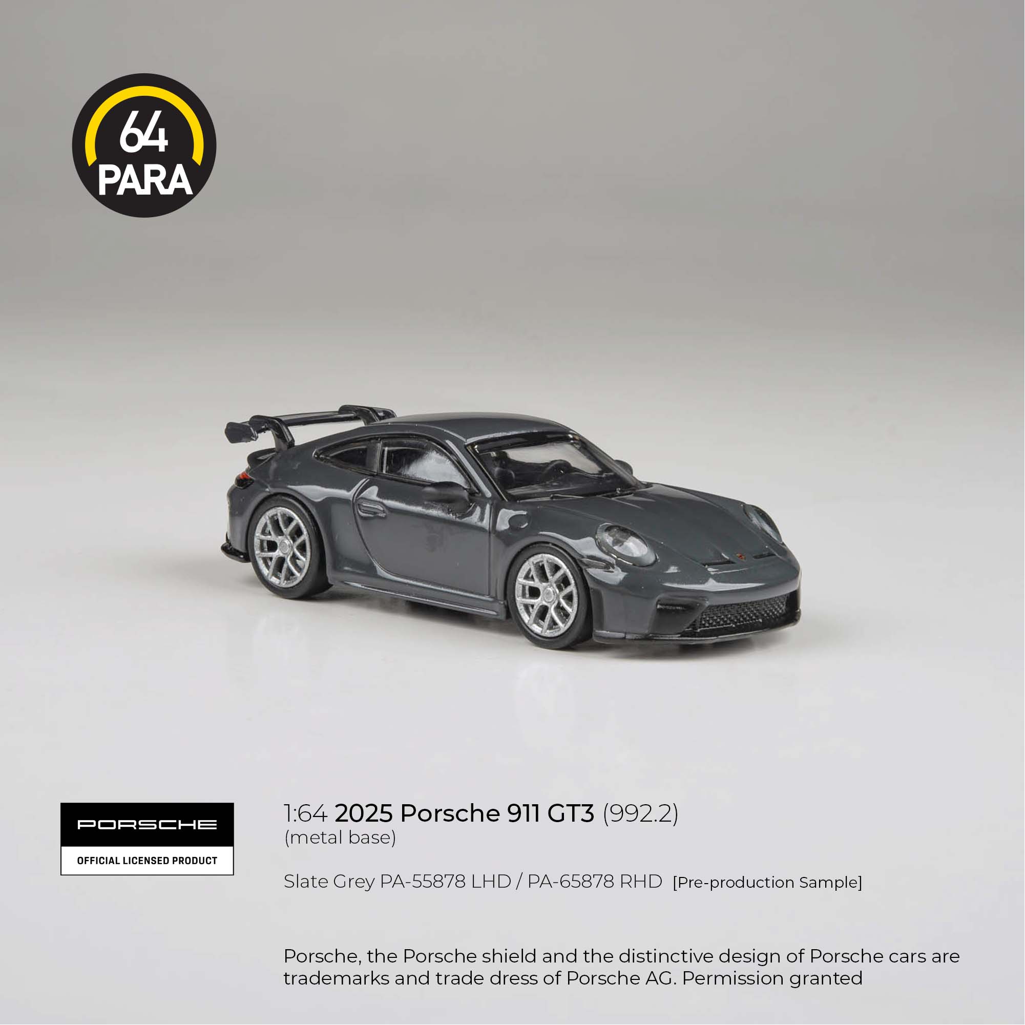 Premium scale diecast model car – Porsche 911 GT3 (992.2) 2025, 1:64 Scale (Slate Grey) Collectible