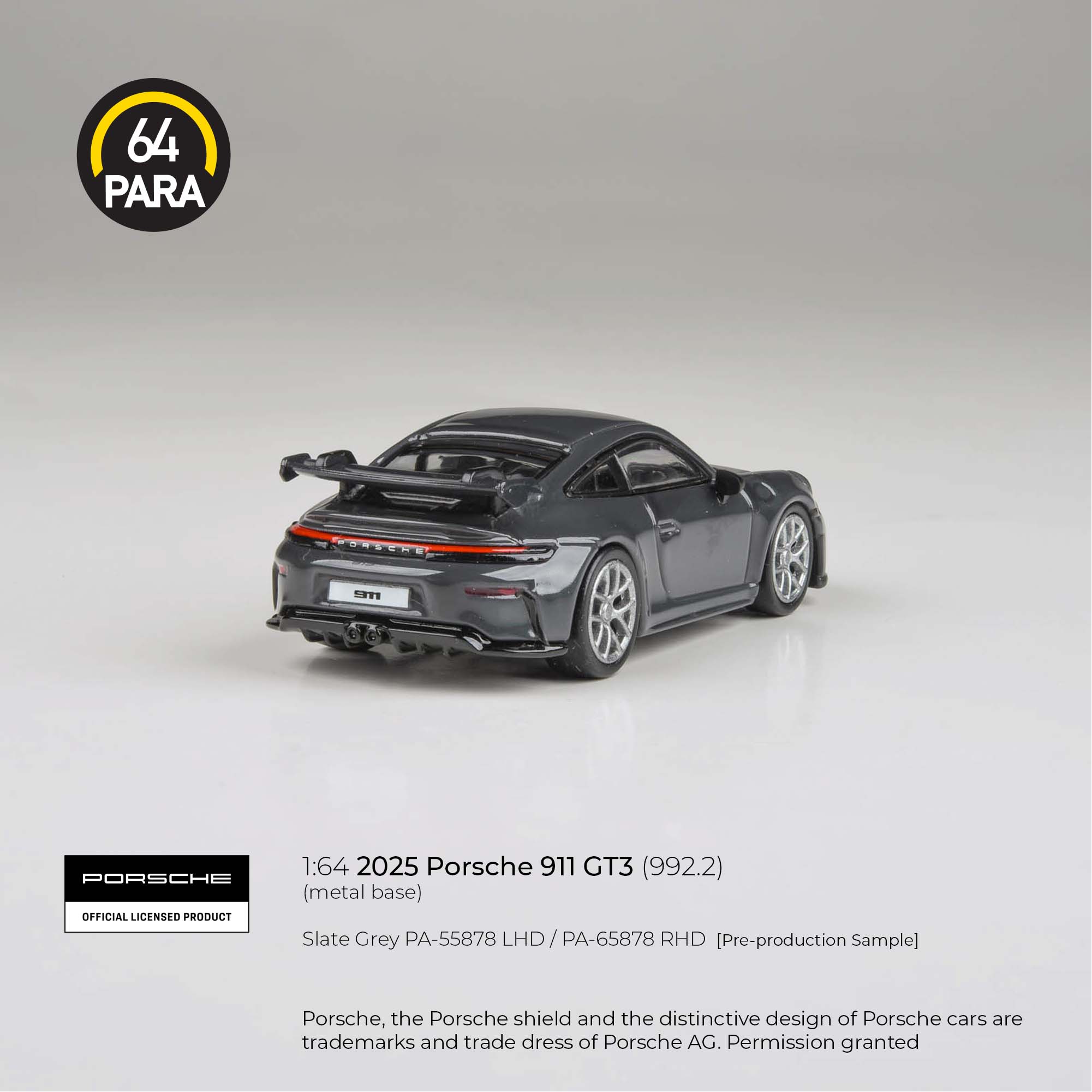 Premium scale diecast model car – Porsche 911 GT3 (992.2) 2025, 1:64 Scale (Slate Grey) Collectible