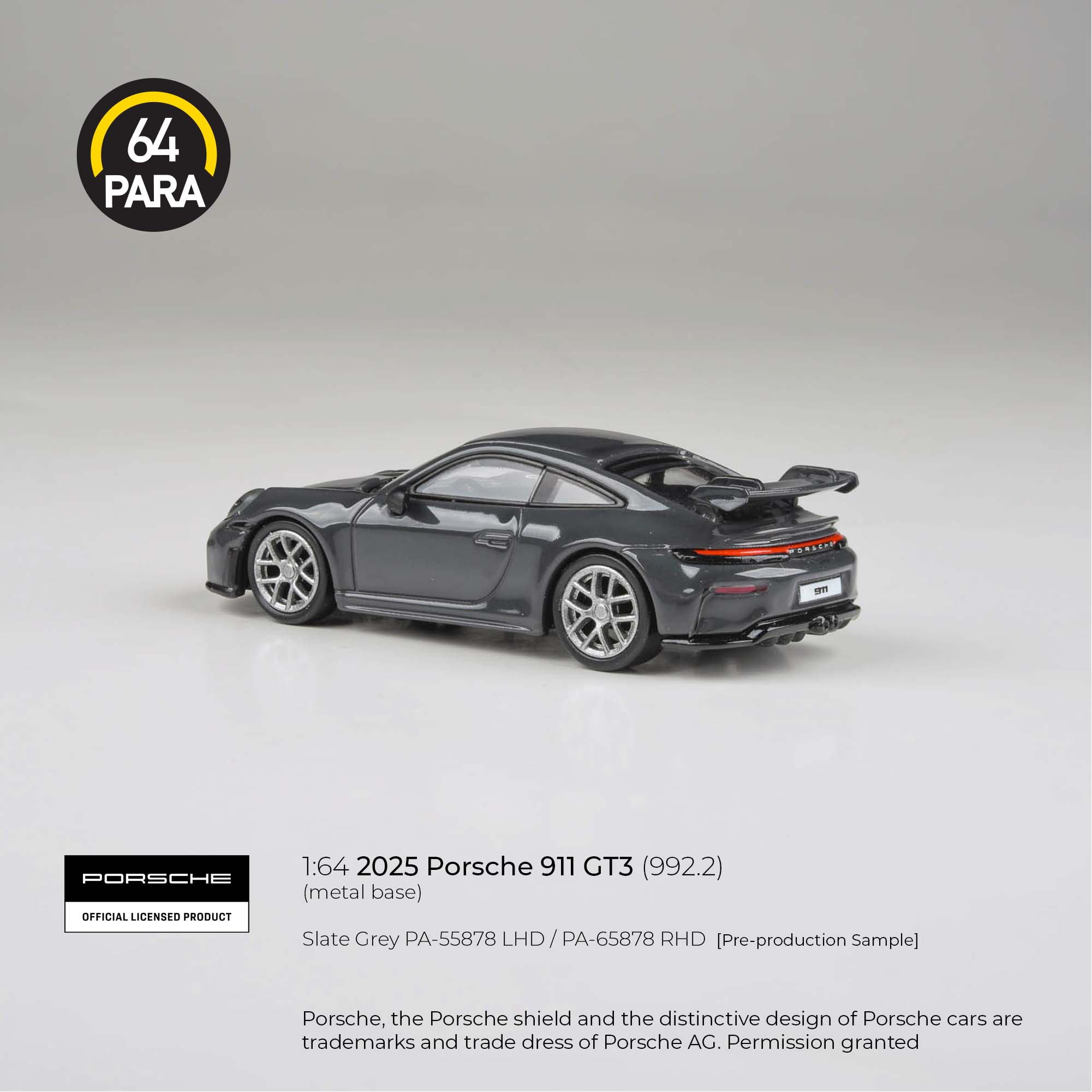 Premium scale diecast model car – Porsche 911 GT3 (992.2) 2025, 1:64 Scale (Slate Grey) Collectible
