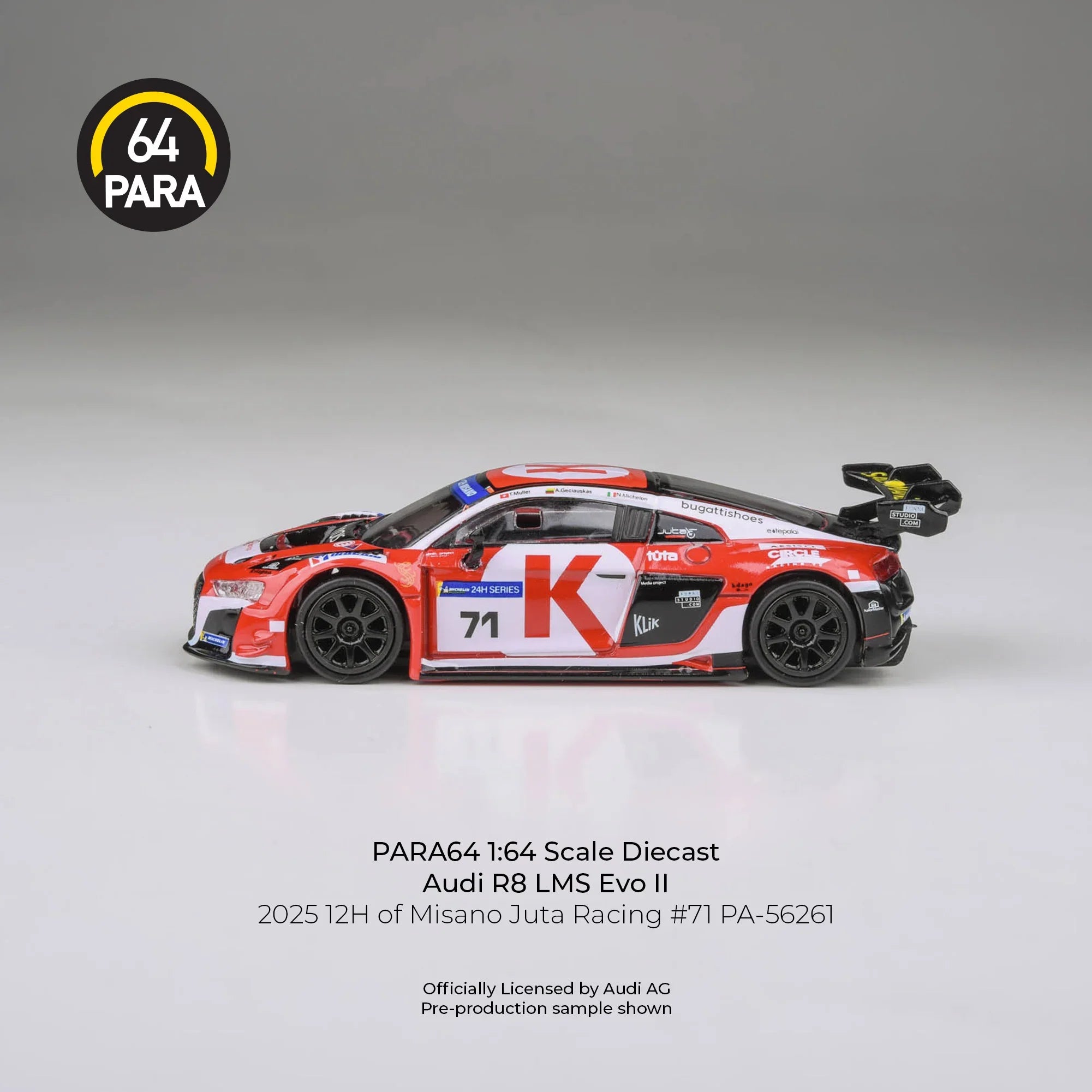 Premium scale diecast model car – Audi R8 LMS Evo 2025 12H of Misano Juta Racing #71, 1:64 Scale (White & Red) Collectible