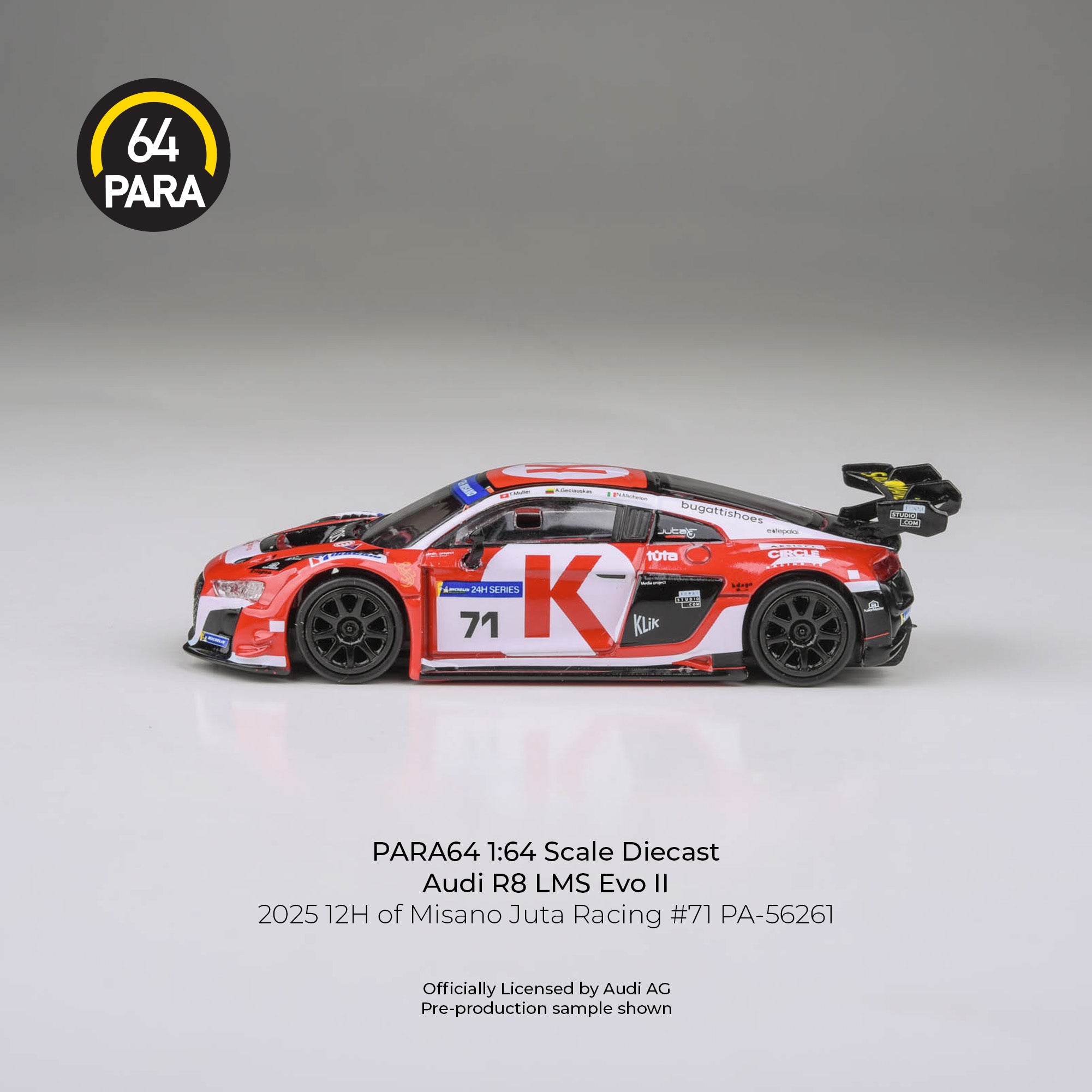 Premium scale diecast model car – Audi R8 LMS Evo 2025 12H of Misano Juta Racing #71, 1:64 Scale (White & Red) Collectible