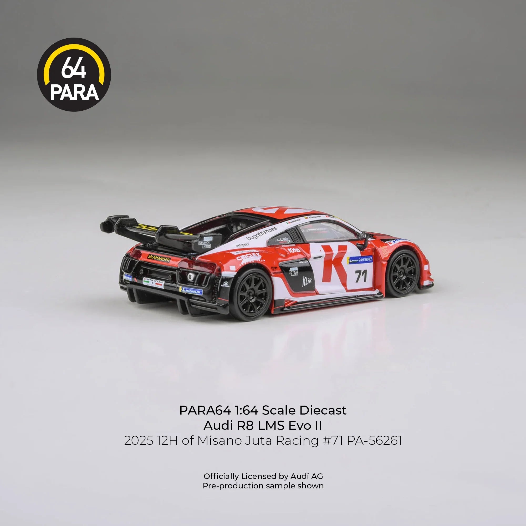 Premium scale diecast model car – Audi R8 LMS Evo 2025 12H of Misano Juta Racing #71, 1:64 Scale (White & Red) Collectible