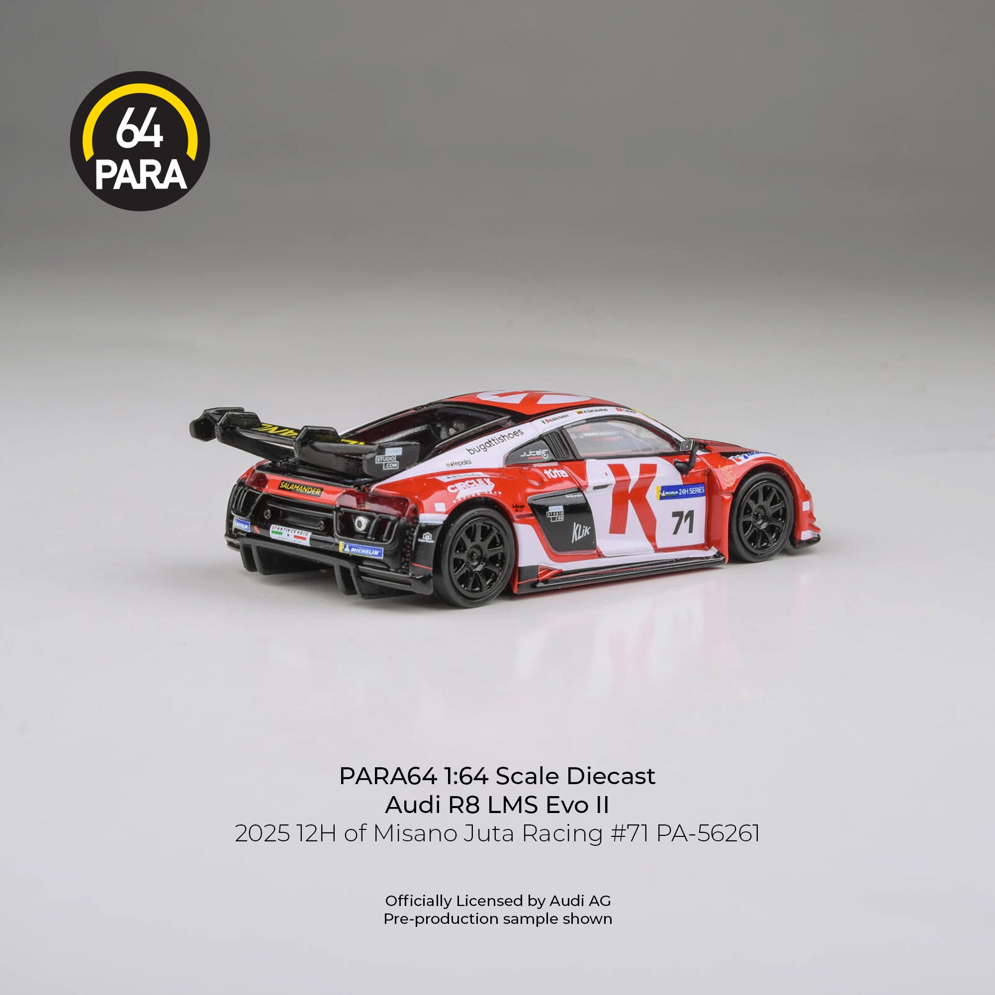 Premium scale diecast model car – Audi R8 LMS Evo 2025 12H of Misano Juta Racing #71, 1:64 Scale (White & Red) Collectible