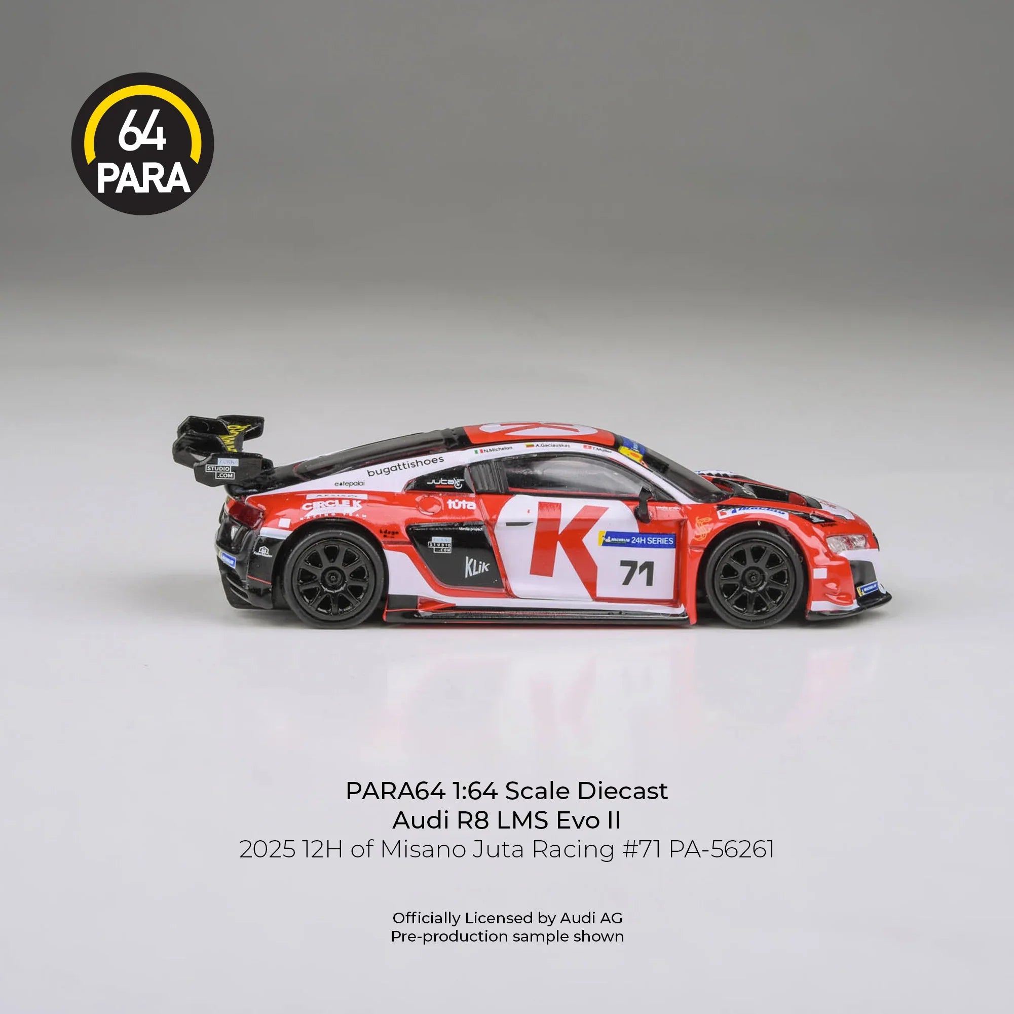 Premium scale diecast model car – Audi R8 LMS Evo 2025 12H of Misano Juta Racing #71, 1:64 Scale (White & Red) Collectible