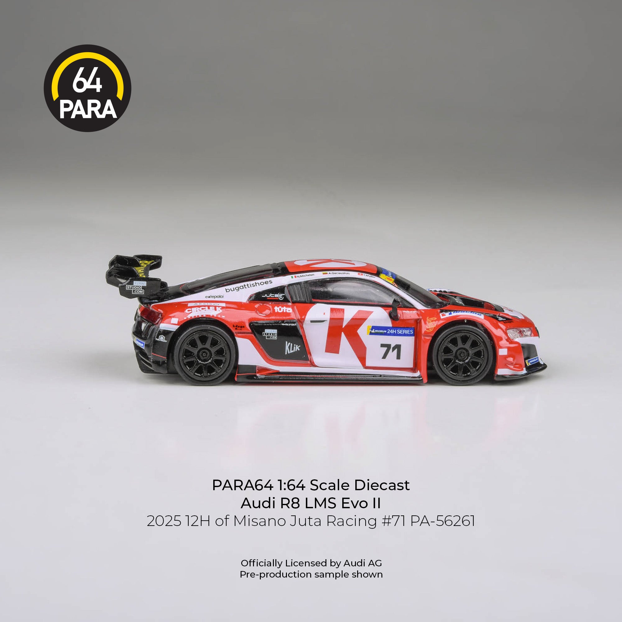 Premium scale diecast model car – Audi R8 LMS Evo 2025 12H of Misano Juta Racing #71, 1:64 Scale (White & Red) Collectible