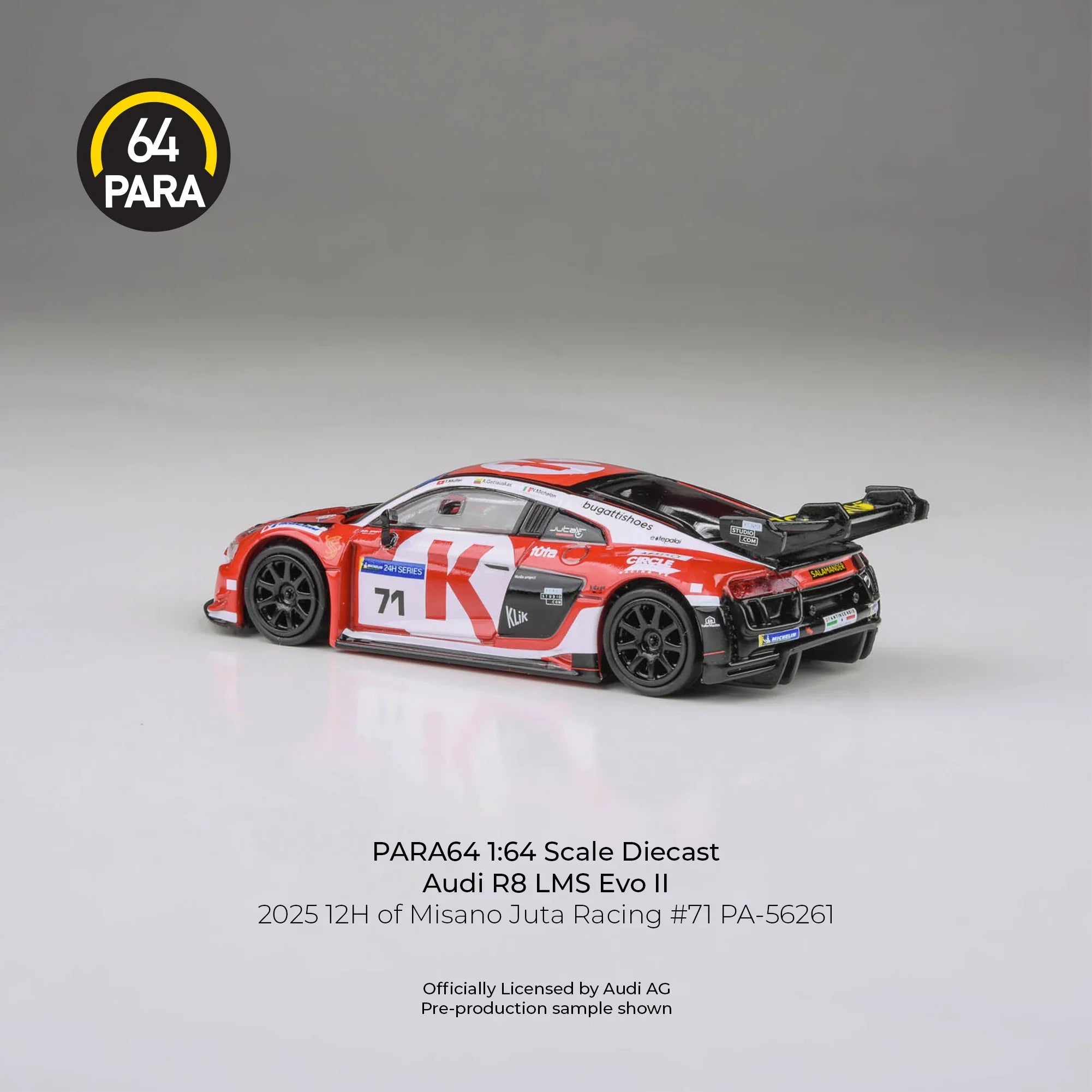 Premium scale diecast model car – Audi R8 LMS Evo 2025 12H of Misano Juta Racing #71, 1:64 Scale (White & Red) Collectible