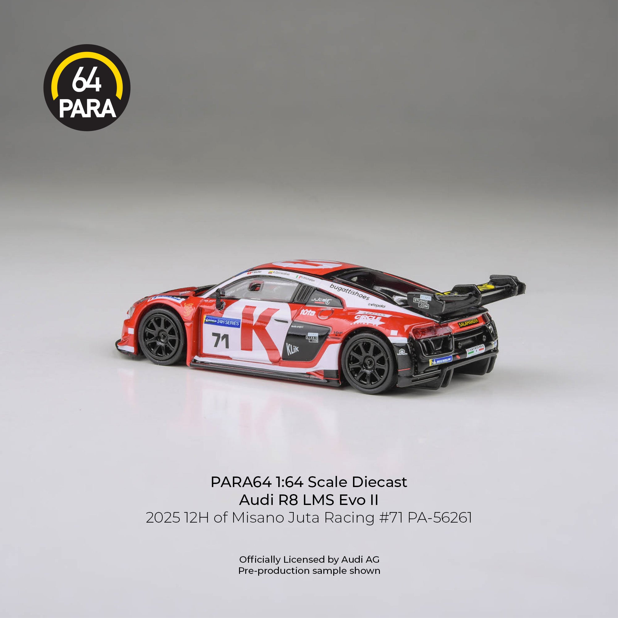 Premium scale diecast model car – Audi R8 LMS Evo 2025 12H of Misano Juta Racing #71, 1:64 Scale (White & Red) Collectible