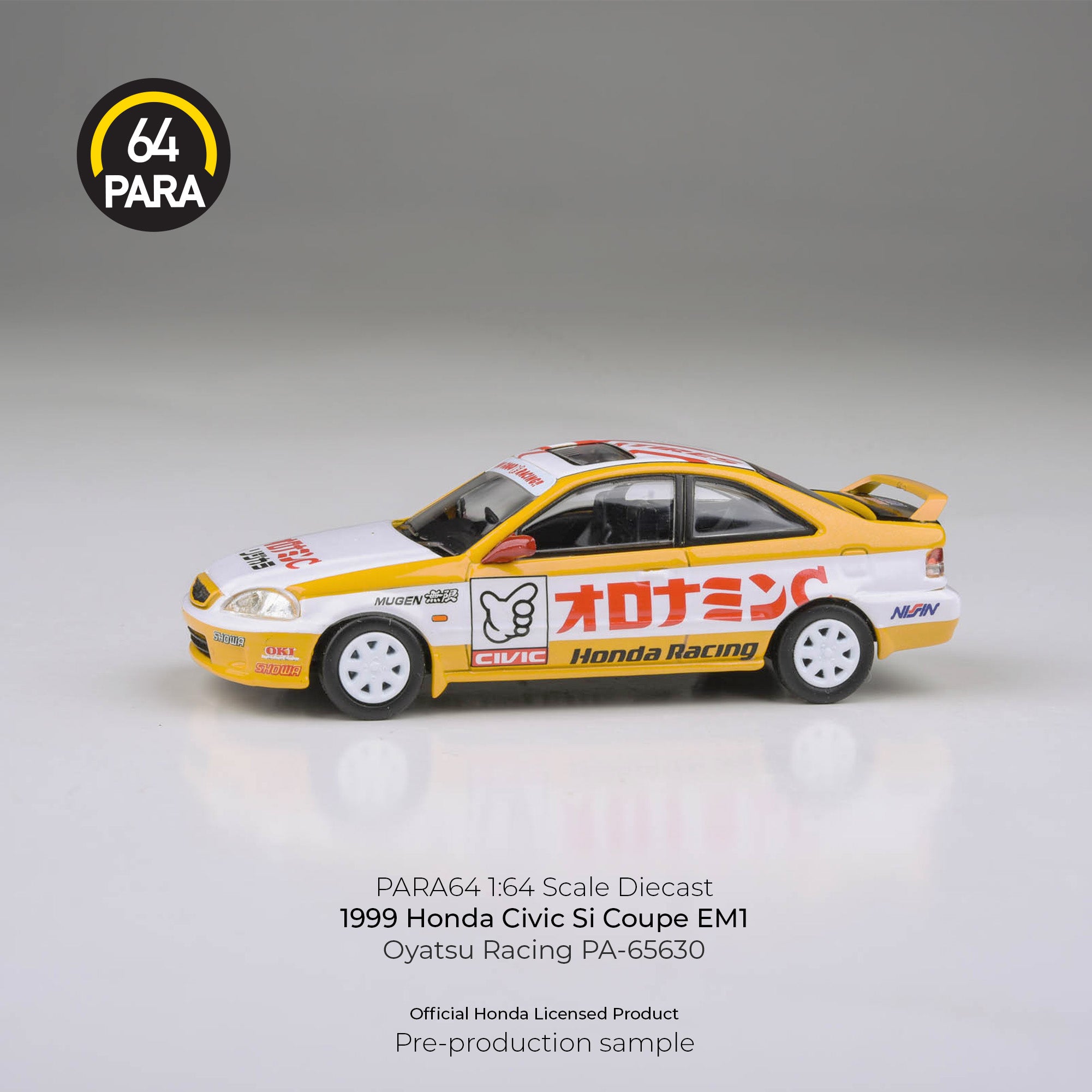 Premium scale diecast model car – Honda Civic EM1 Oyatsu Racing 1999, 1:64 Scale (Yellow) Collectible