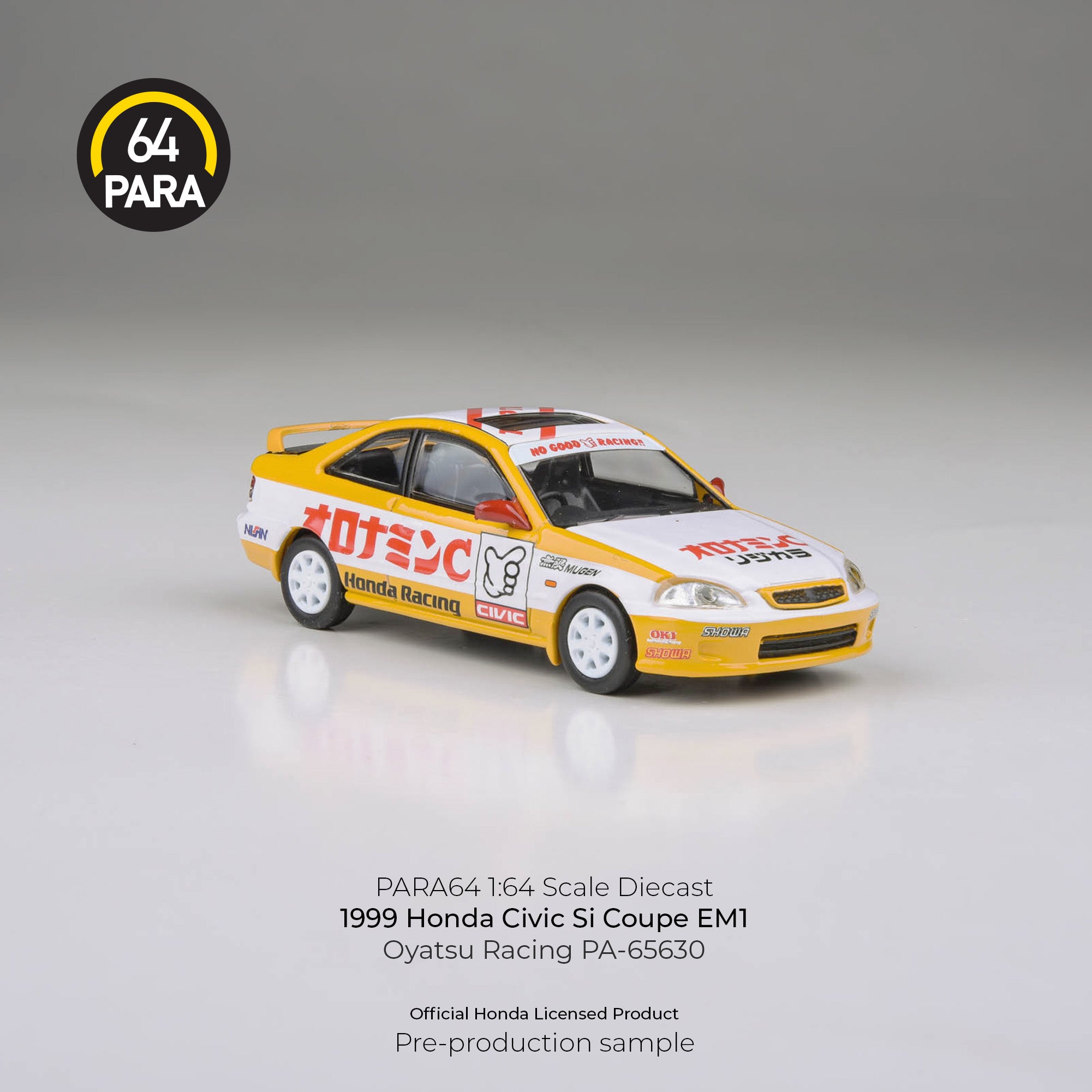 Premium scale diecast model car – Honda Civic EM1 Oyatsu Racing 1999, 1:64 Scale (Yellow) Collectible