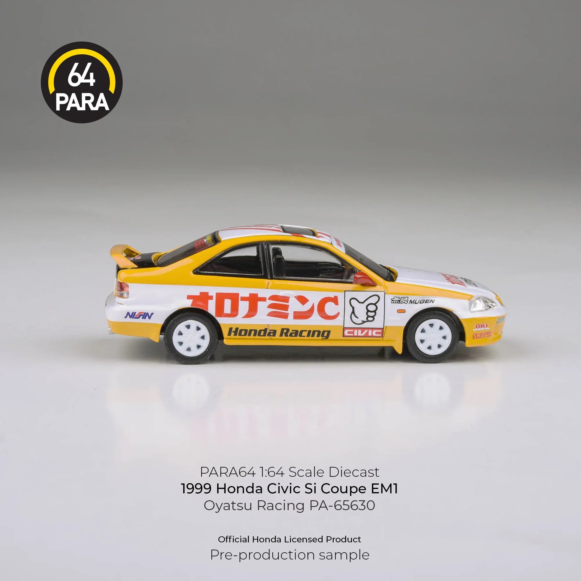 Premium scale diecast model car – Honda Civic EM1 Oyatsu Racing 1999, 1:64 Scale (Yellow) Collectible