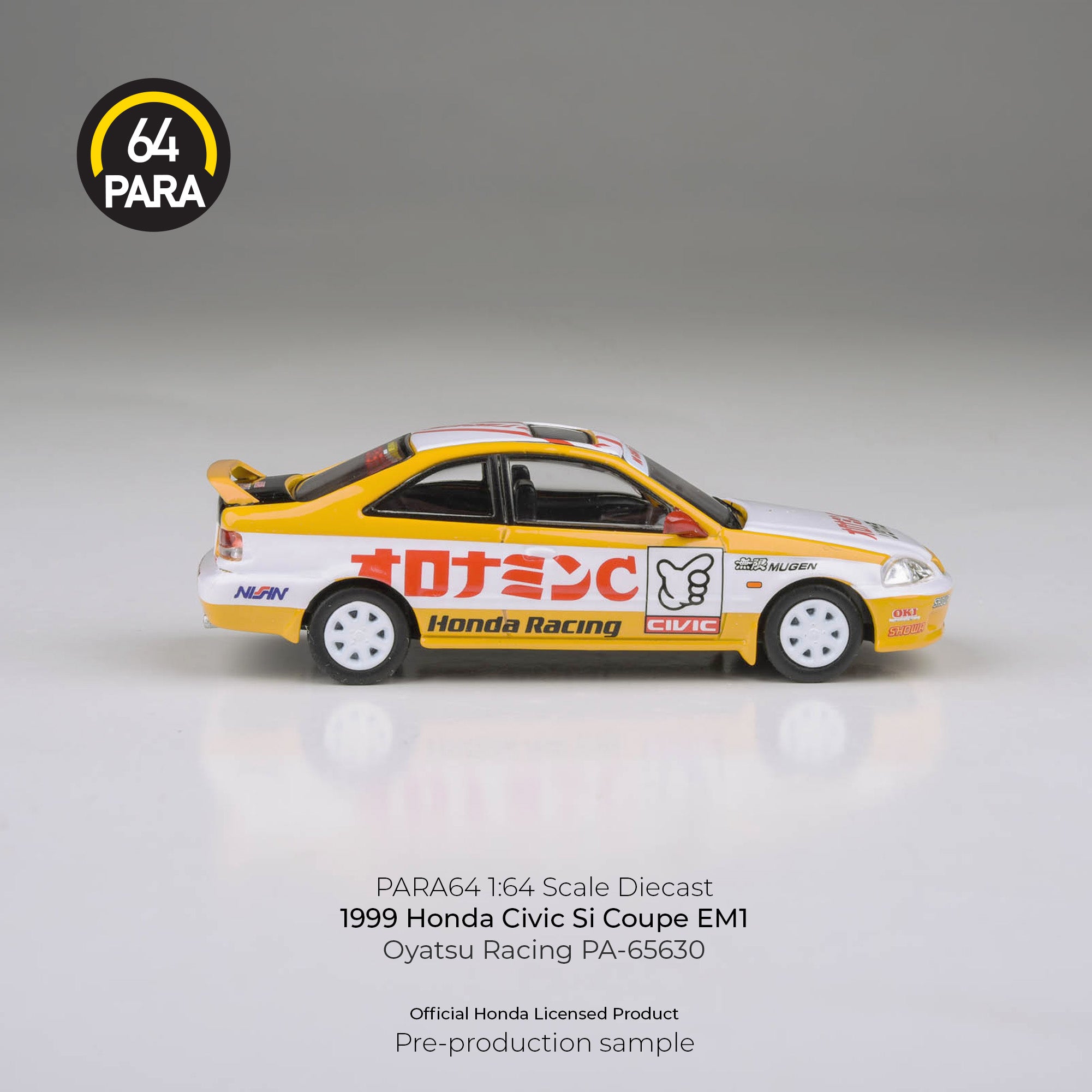 Premium scale diecast model car – Honda Civic EM1 Oyatsu Racing 1999, 1:64 Scale (Yellow) Collectible