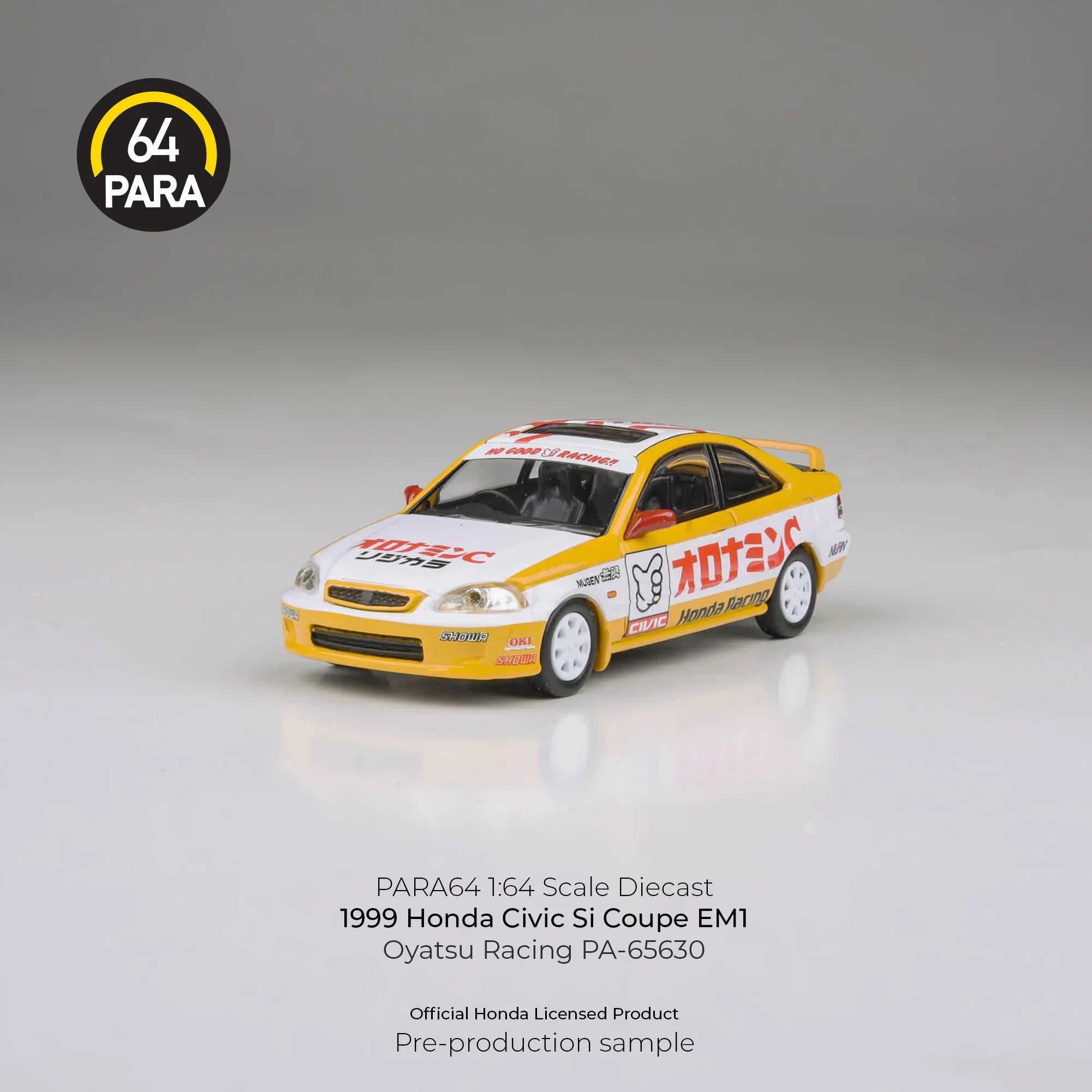 Premium scale diecast model car – Honda Civic EM1 Oyatsu Racing 1999, 1:64 Scale (Yellow) Collectible