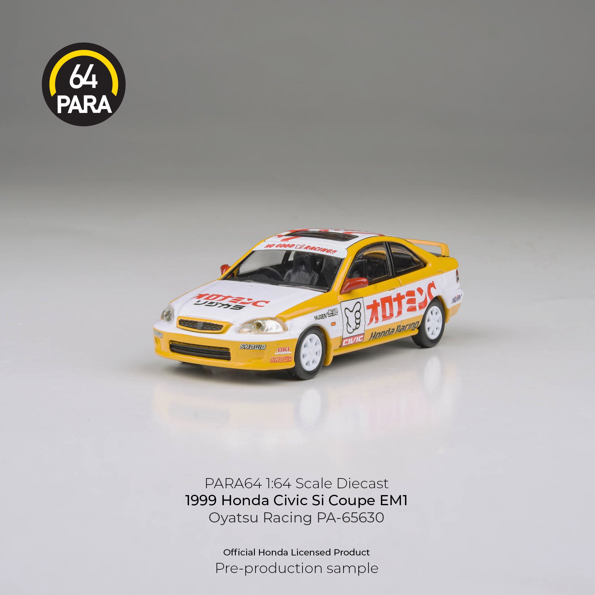Premium scale diecast model car – Honda Civic EM1 Oyatsu Racing 1999, 1:64 Scale (Yellow) Collectible