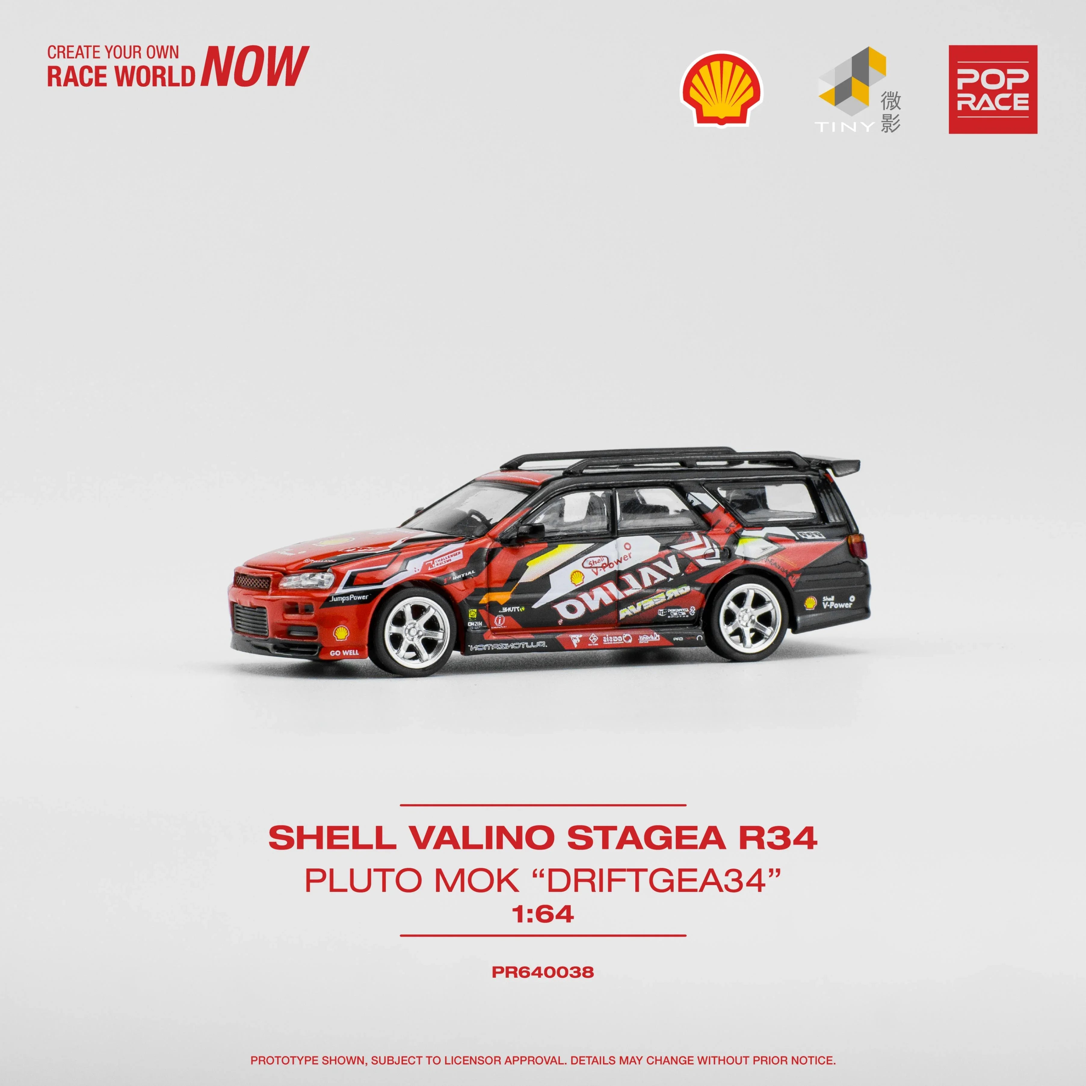 Premium scale model car for display – *PRE-ORDER* Shell Valino Stagea R34 Pluto Mok "Driftgea34", 1:64 Scale (Red) Collectible