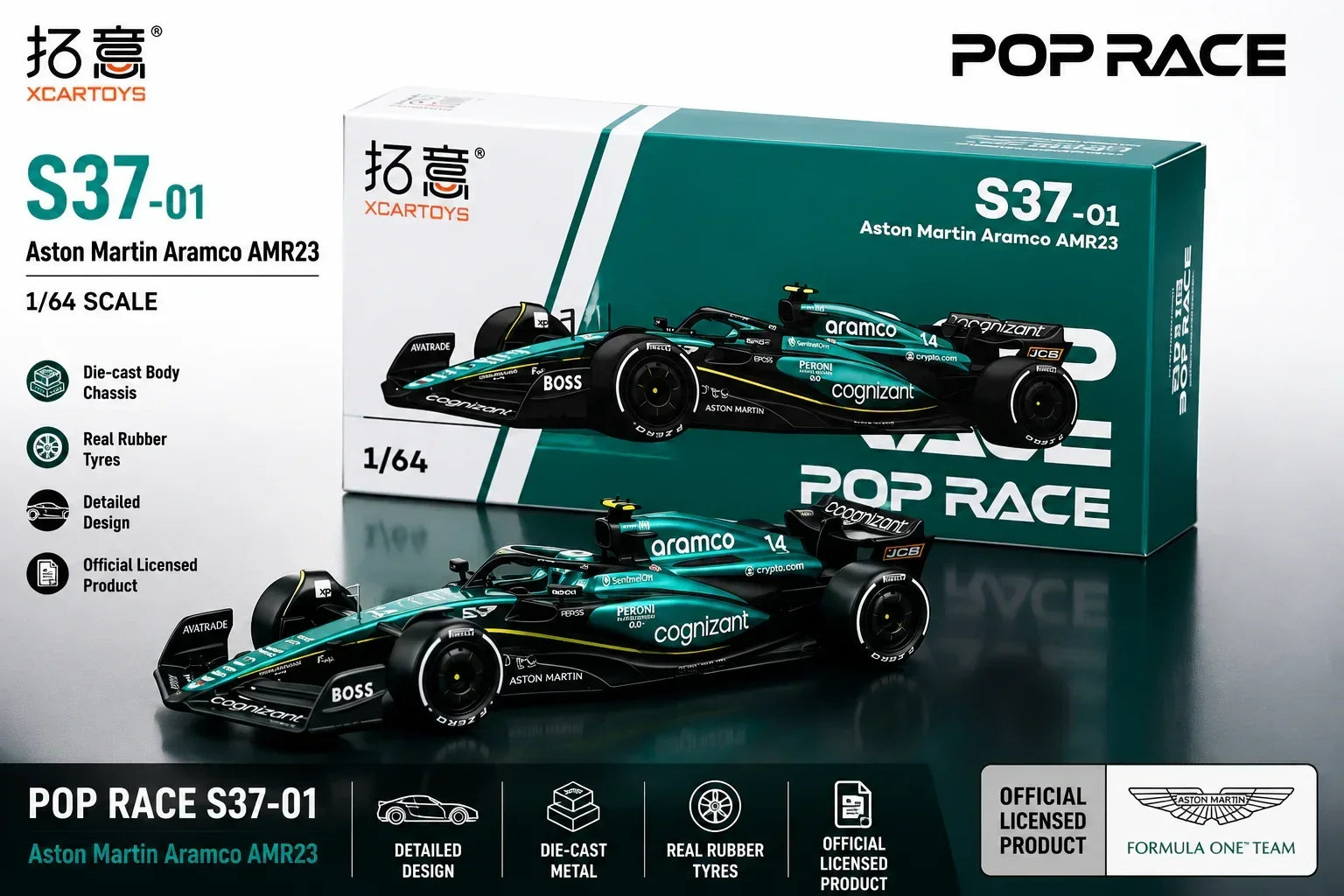 Premium scale diecast model car – Aston Martin Aramco AMR23 Boss (F1-Congnizant), 1:64 Scale Collectible