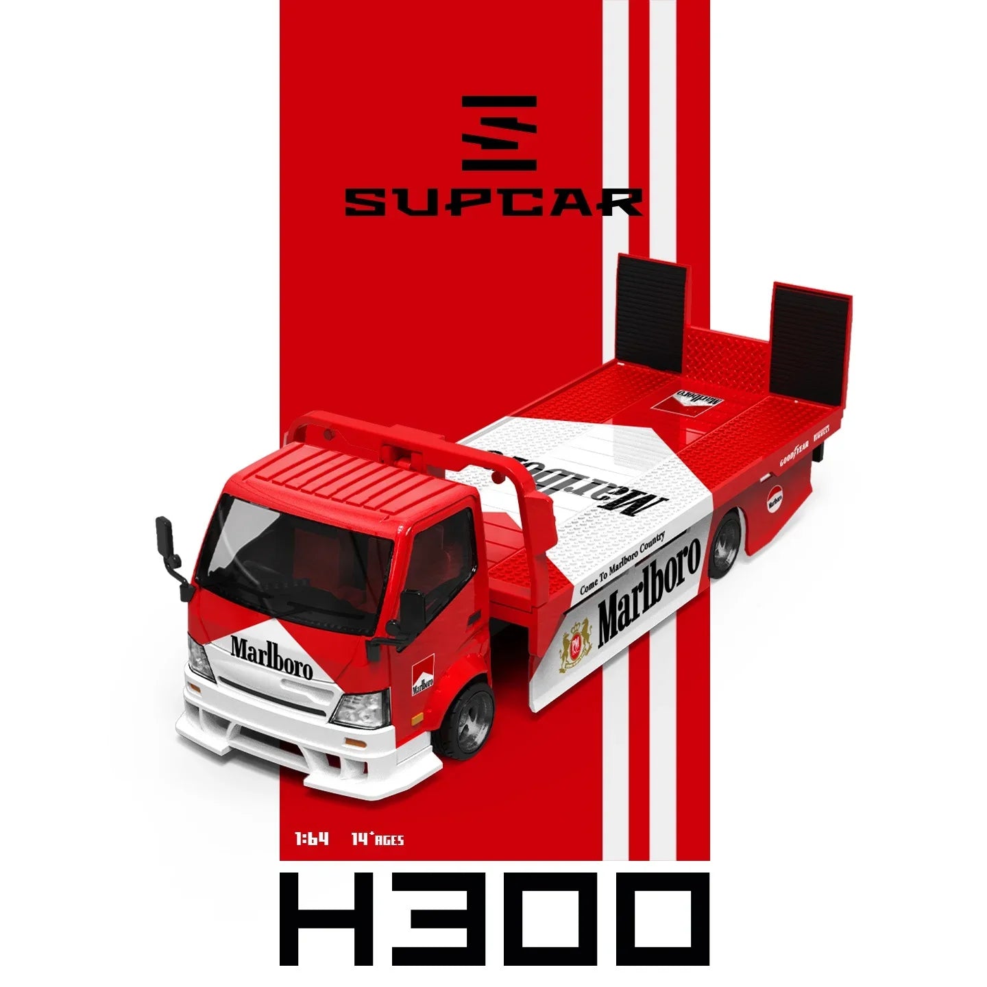 Premium scale diecast model car – *PRE-ORDER* SUPCAR H300 Flatbed Transport Trailer - Marlboro Painted, 1:64 Scale Collectible