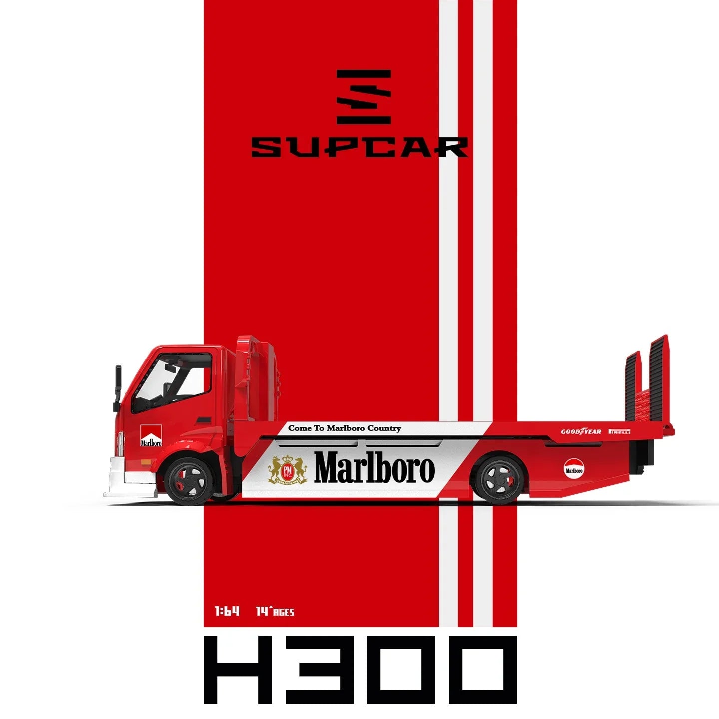 Premium scale diecast model car – *PRE-ORDER* SUPCAR H300 Flatbed Transport Trailer - Marlboro Painted, 1:64 Scale Collectible