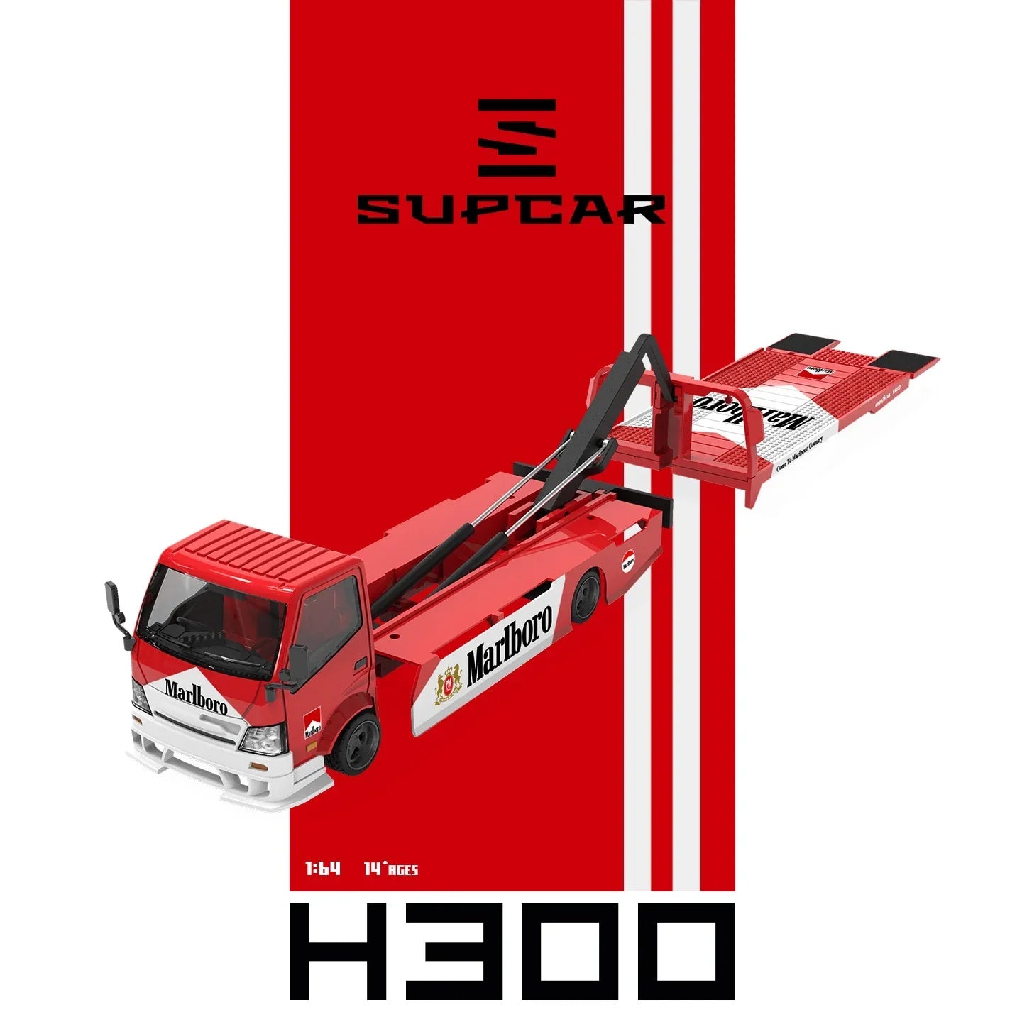 Premium scale diecast model car – *PRE-ORDER* SUPCAR H300 Flatbed Transport Trailer - Marlboro Painted, 1:64 Scale Collectible