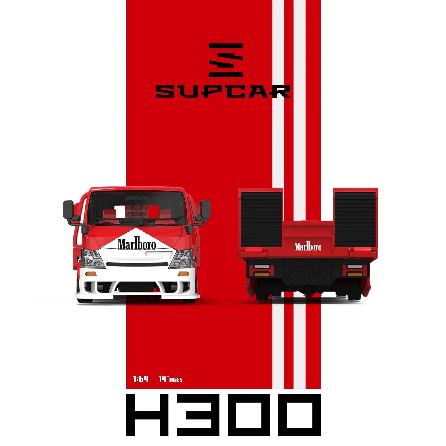 Premium scale diecast model car – *PRE-ORDER* SUPCAR H300 Flatbed Transport Trailer - Marlboro Painted, 1:64 Scale Collectible
