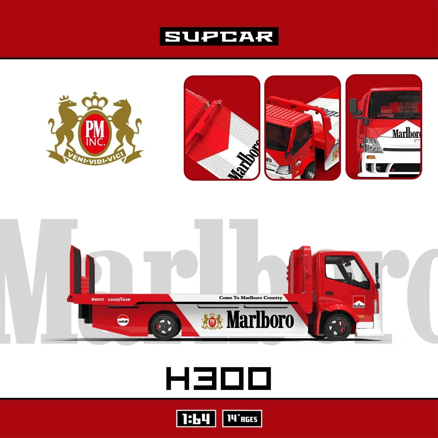 Premium scale diecast model car – *PRE-ORDER* SUPCAR H300 Flatbed Transport Trailer - Marlboro Painted, 1:64 Scale Collectible