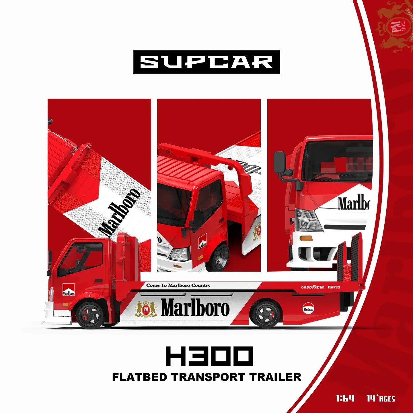 Premium scale diecast model car – *PRE-ORDER* SUPCAR H300 Flatbed Transport Trailer - Marlboro Painted, 1:64 Scale Collectible