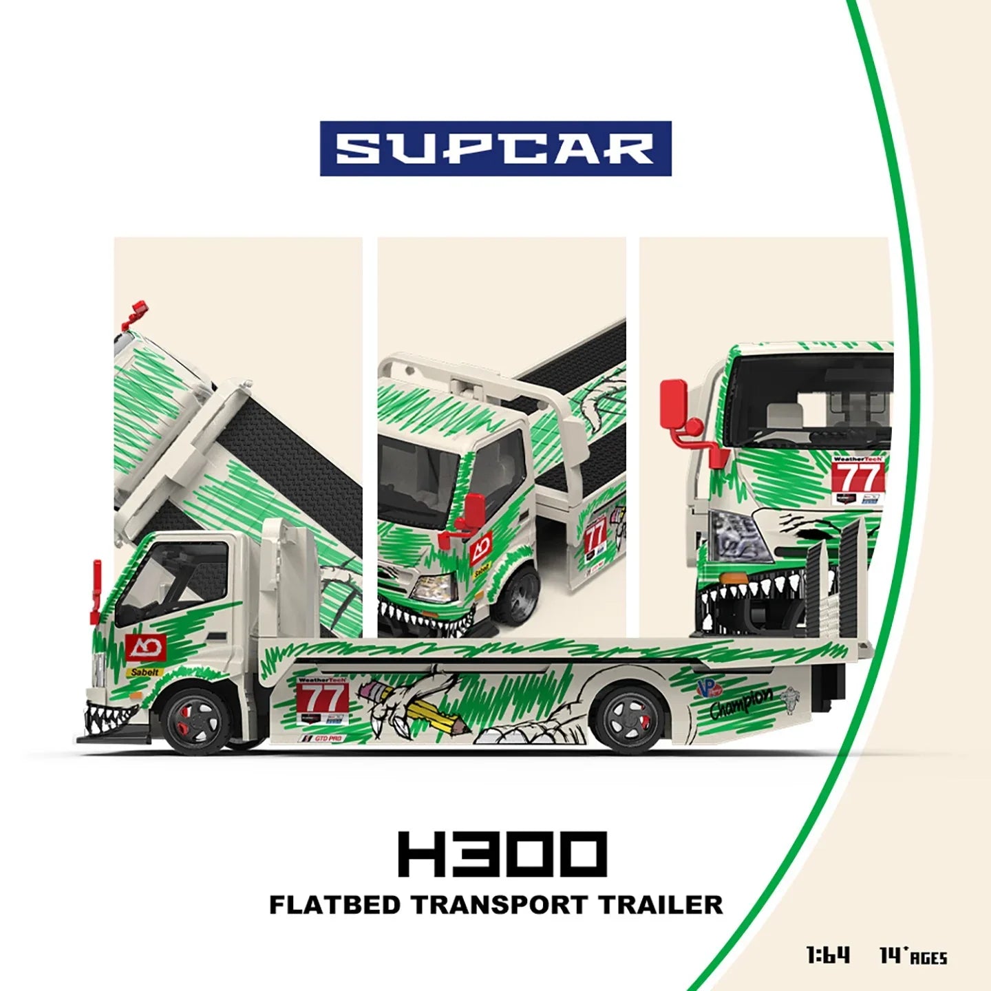 Premium scale diecast model car – *PRE-ORDER* SUPCAR H300 Flatbed Transport Trailer - Model 77 - White and Green Graffiti Green Dinosaur Painted, 1:64 Scale Collectible
