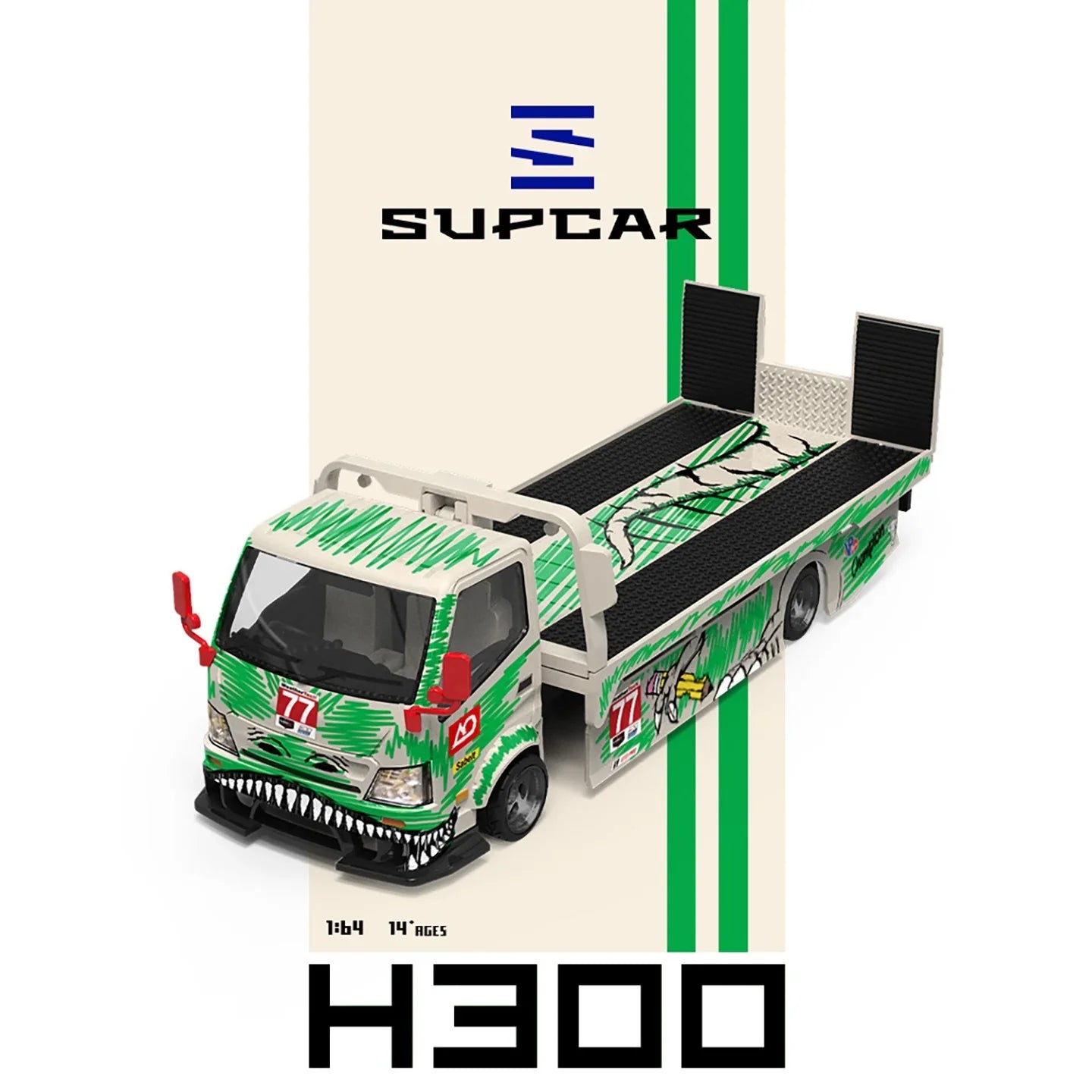 Premium scale diecast model car – *PRE-ORDER* SUPCAR H300 Flatbed Transport Trailer - Model 77 - White and Green Graffiti Green Dinosaur Painted, 1:64 Scale Collectible